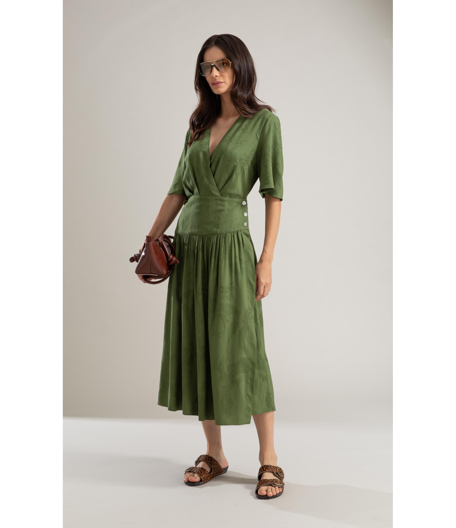 Vestido Linho  Maisa Jacquard Fenix Verde Militar