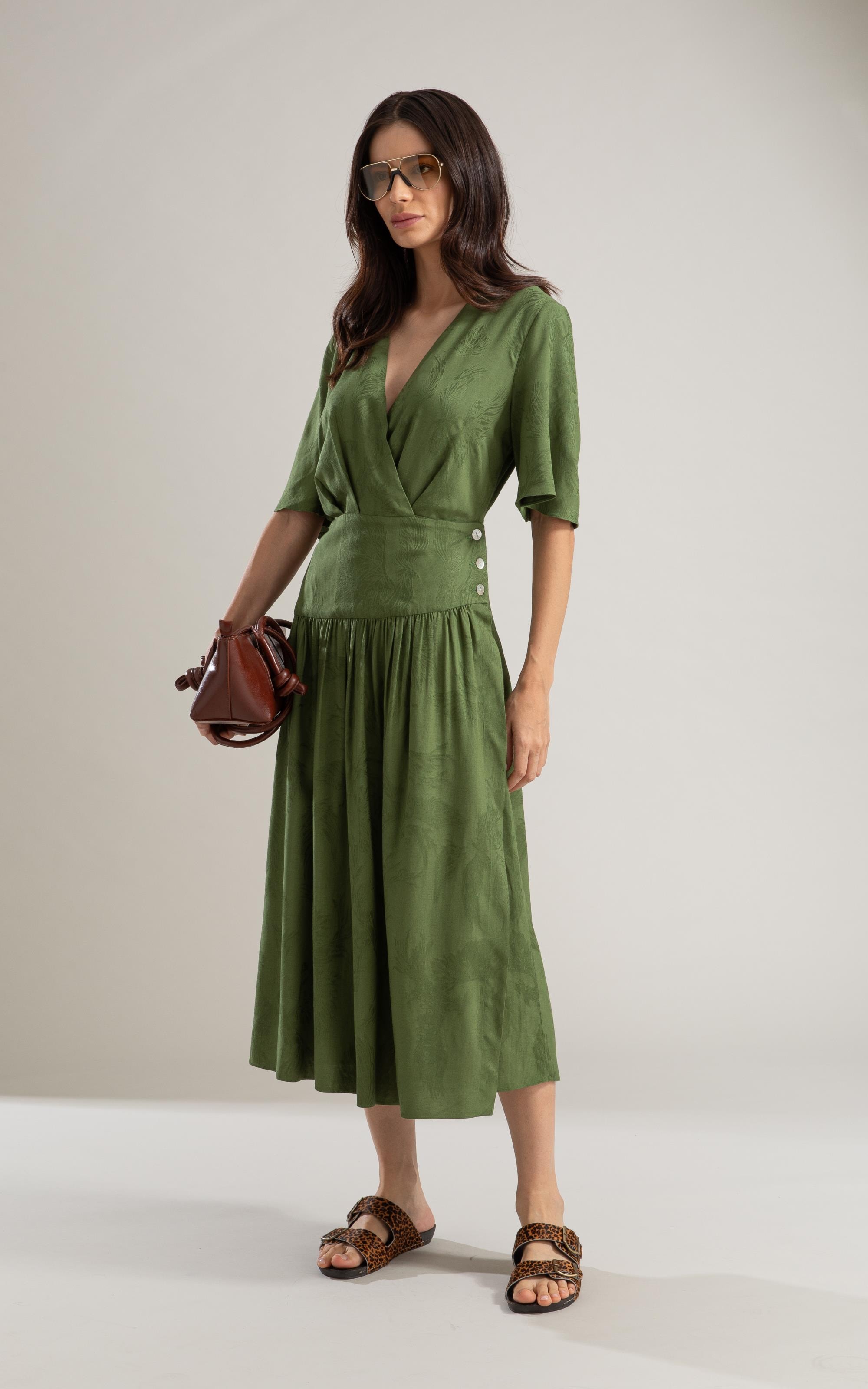 Vestido Linho  Maisa Jacquard Fenix Verde Militar