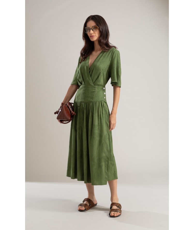 Vestido Linho  Maisa Jacquard Fenix Verde Militar