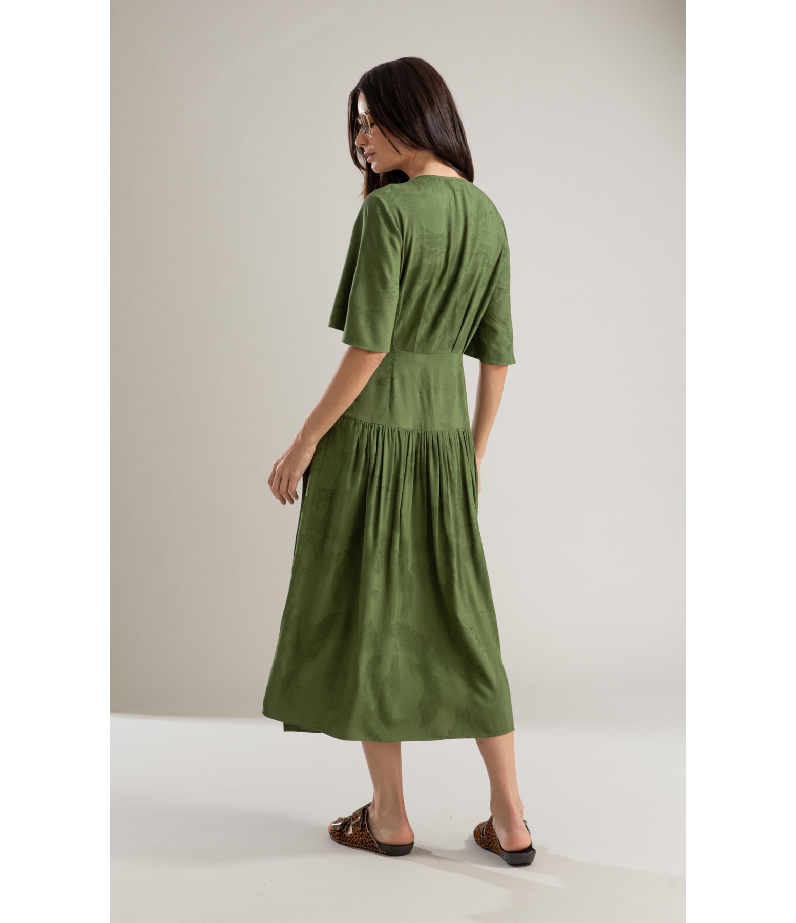 Vestido Linho  Maisa Jacquard Fenix Verde Militar