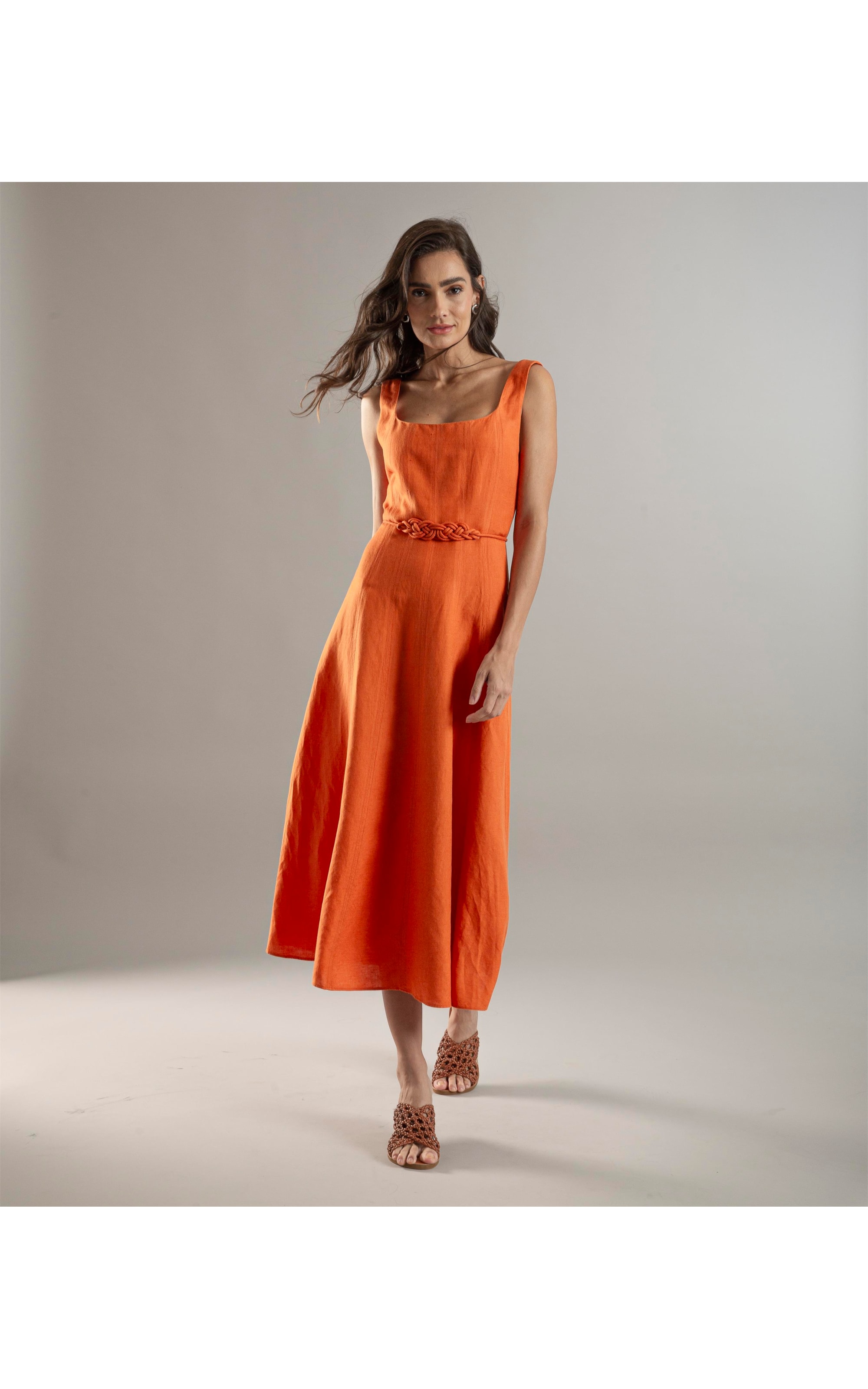 Vestido Linho  Margarita  Liso Laranja