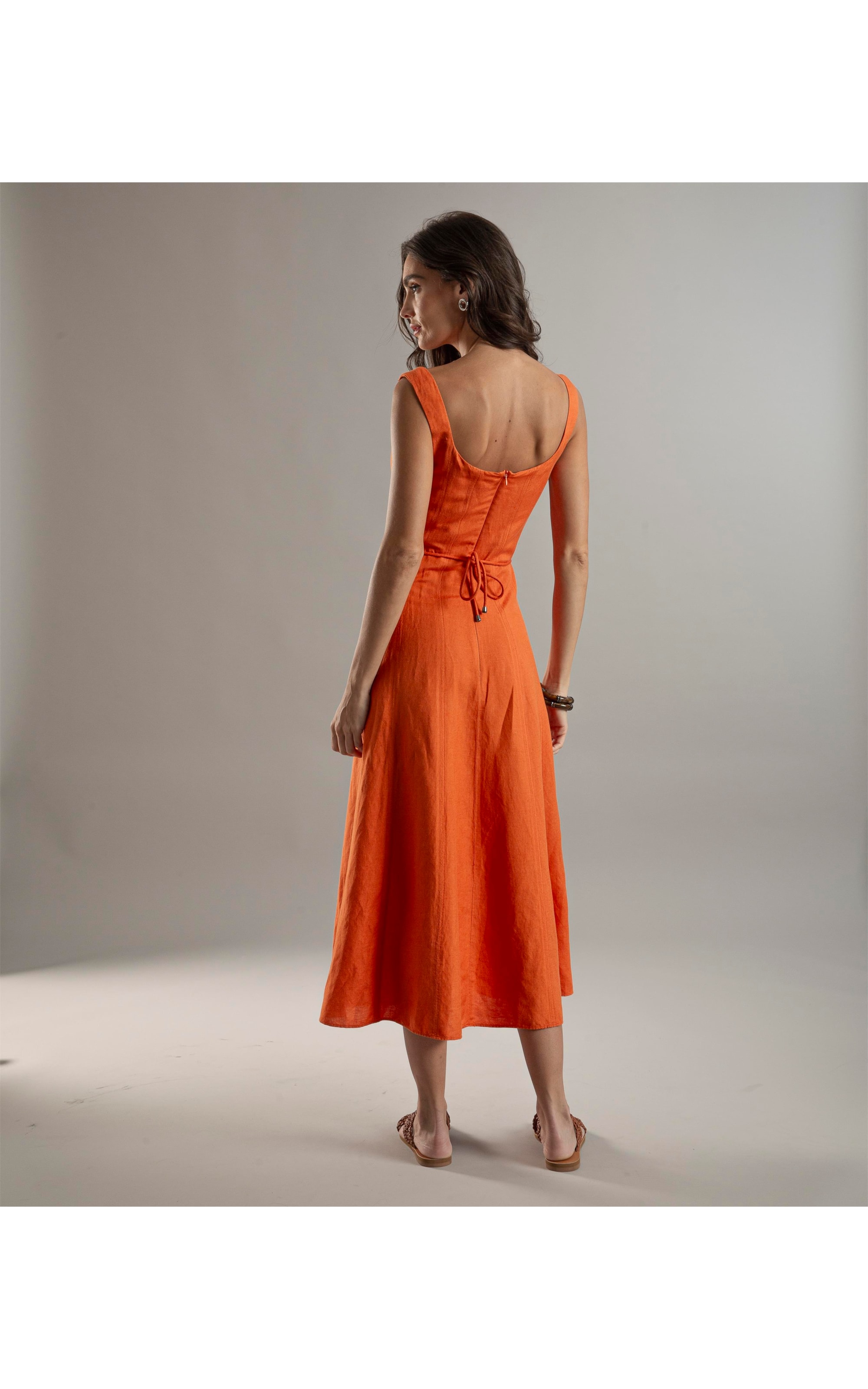 Vestido Linho  Margarita  Liso Laranja