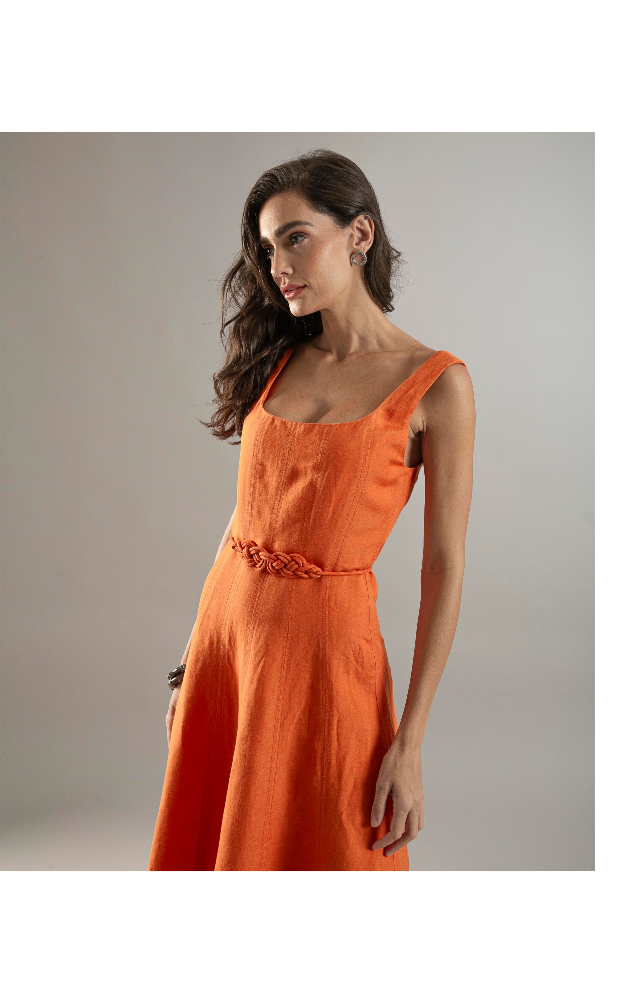 Vestido Linho  Margarita  Liso Laranja