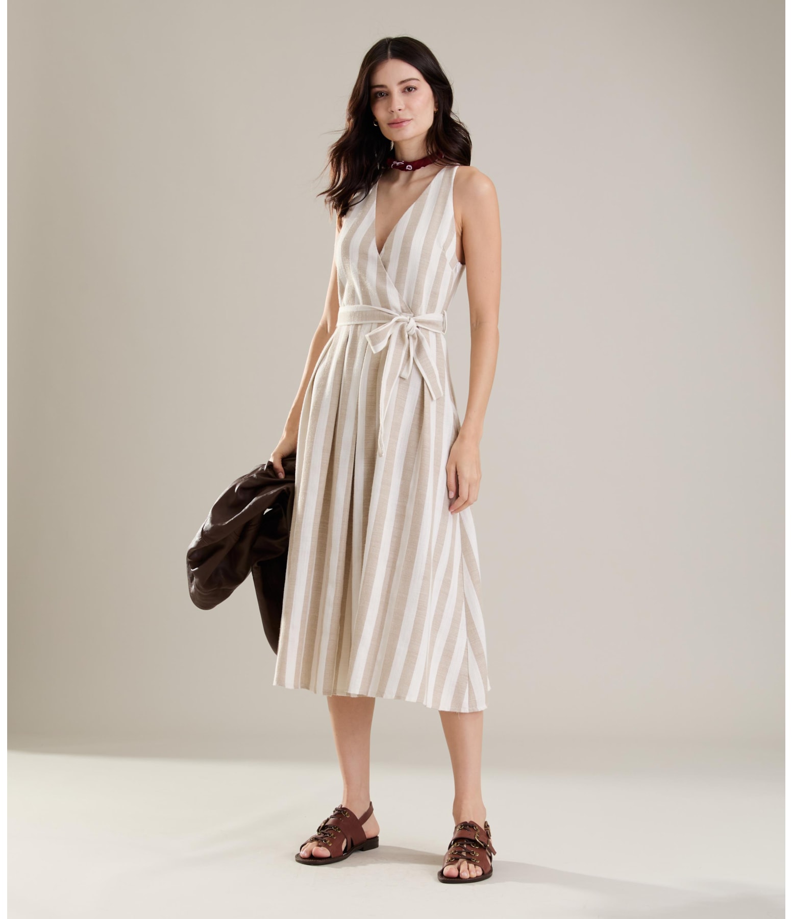 Vestido Linho  Mei  Ft Listrado Areia