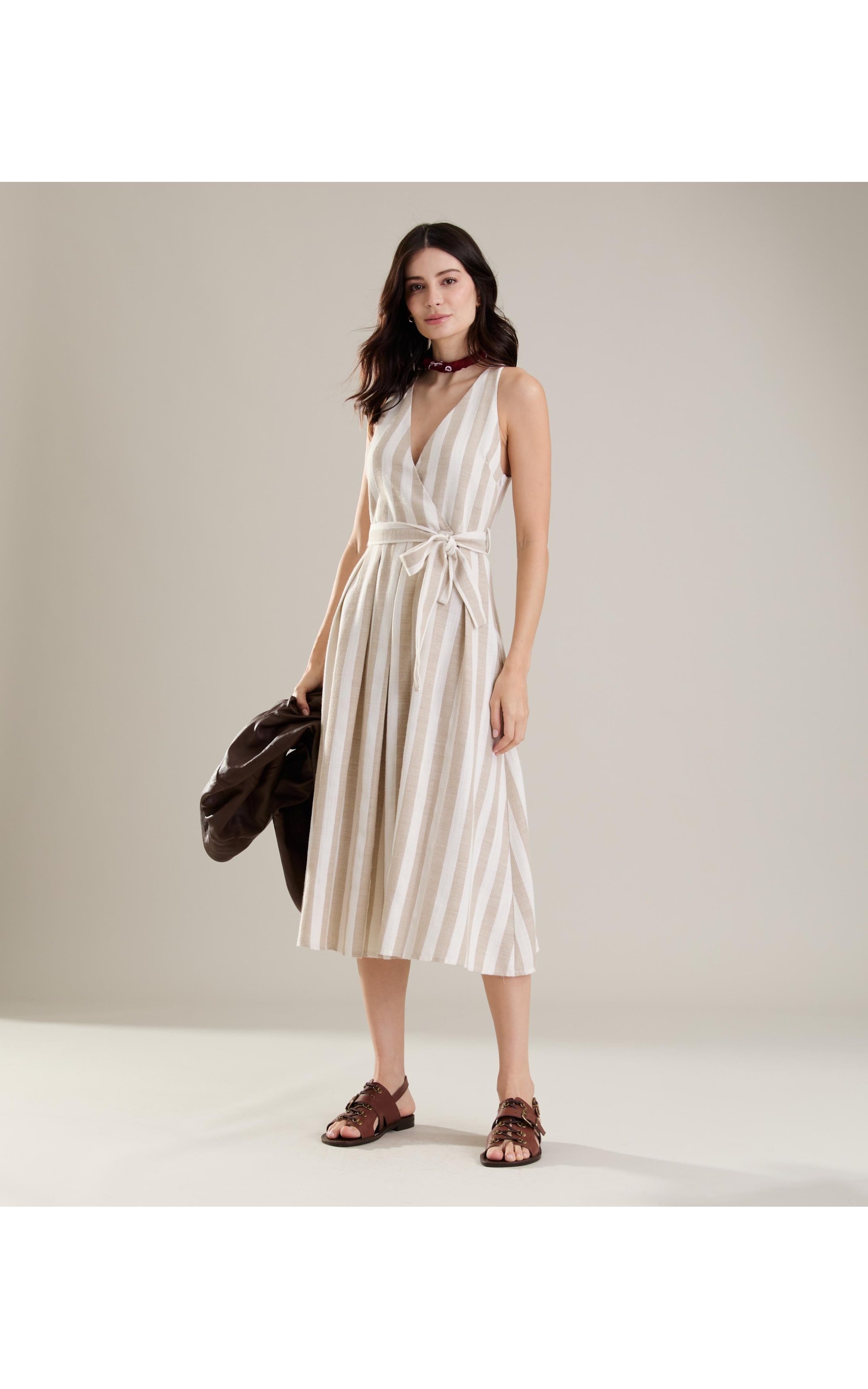 Vestido Linho  Mei  Ft Listrado Areia