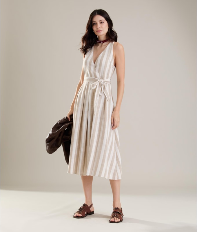 Vestido Linho  Mei  Ft Listrado Areia