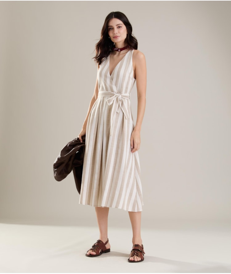 Vestido Linho  Mei  Ft Listrado Areia