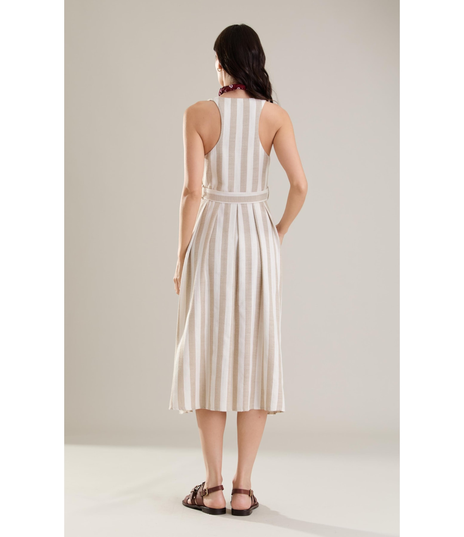 Vestido Linho  Mei  Ft Listrado Areia