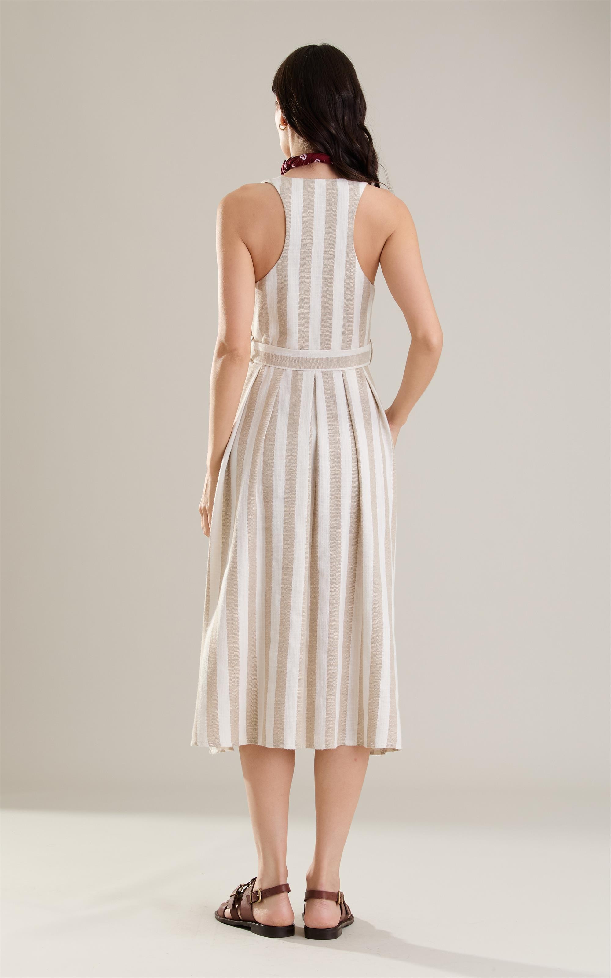 Vestido Linho  Mei  Ft Listrado Areia