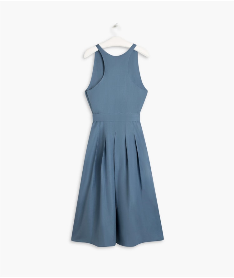   Vestido Linho  Mei  Liso Azul Seco