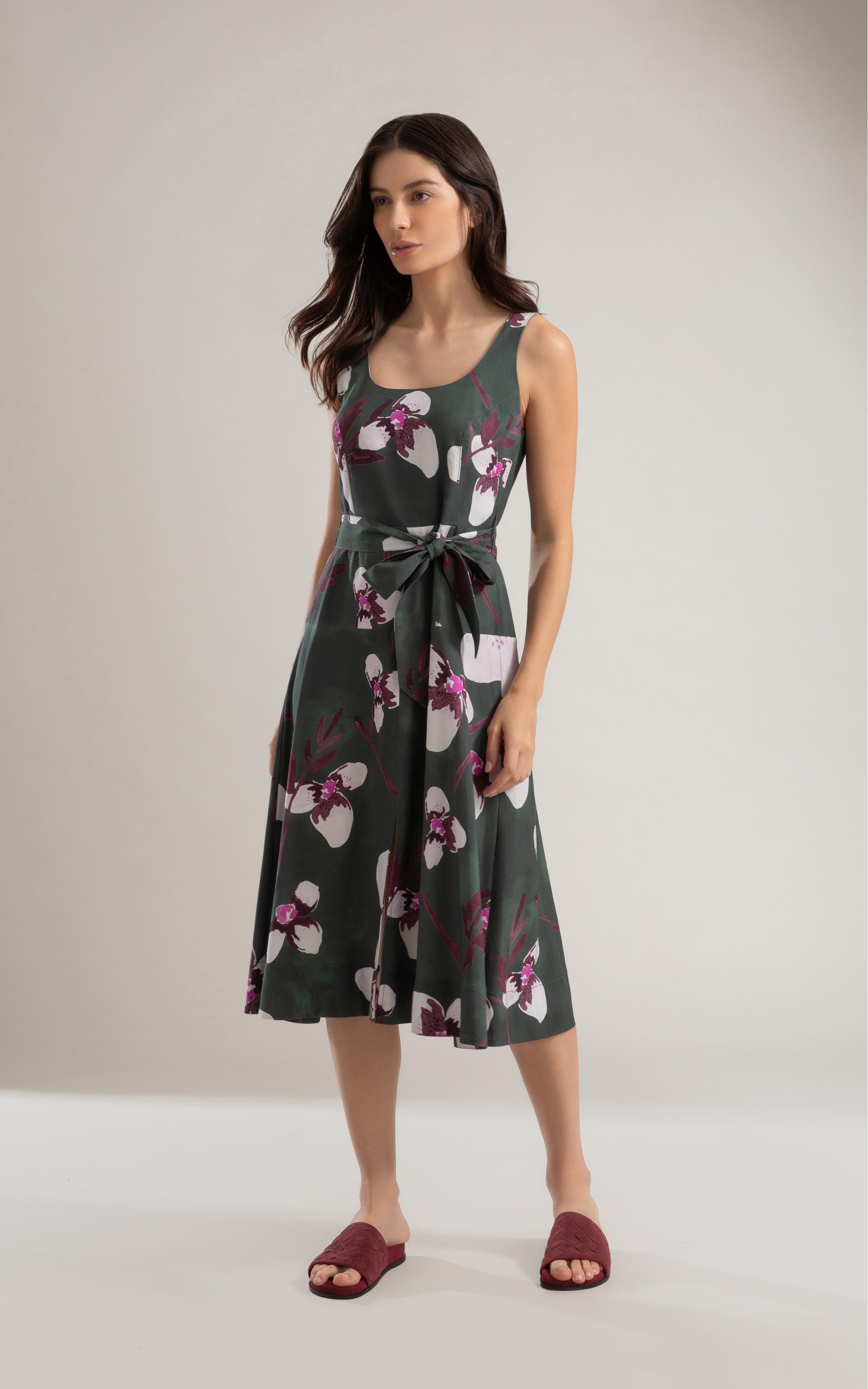 Vestido Linho  Mia  Est Orquideas Verde