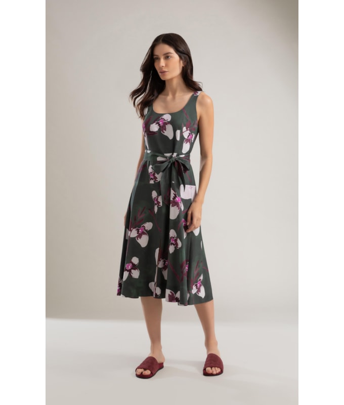 Vestido Linho  Mia  Est Orquideas Verde