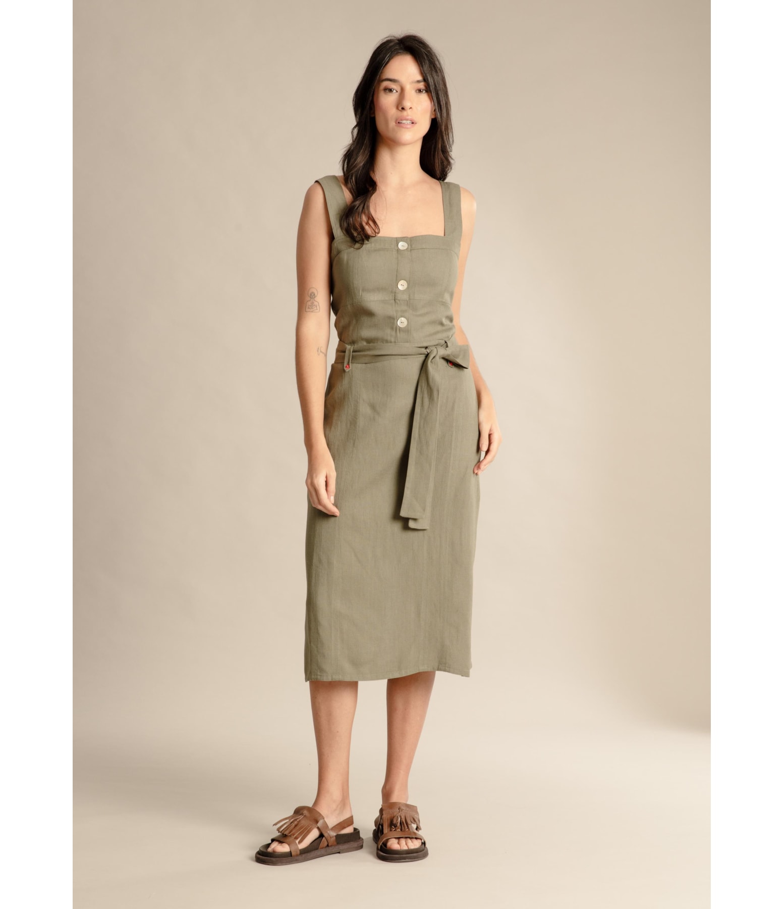 Vestido Linho  Mize  Liso Verde Militar
