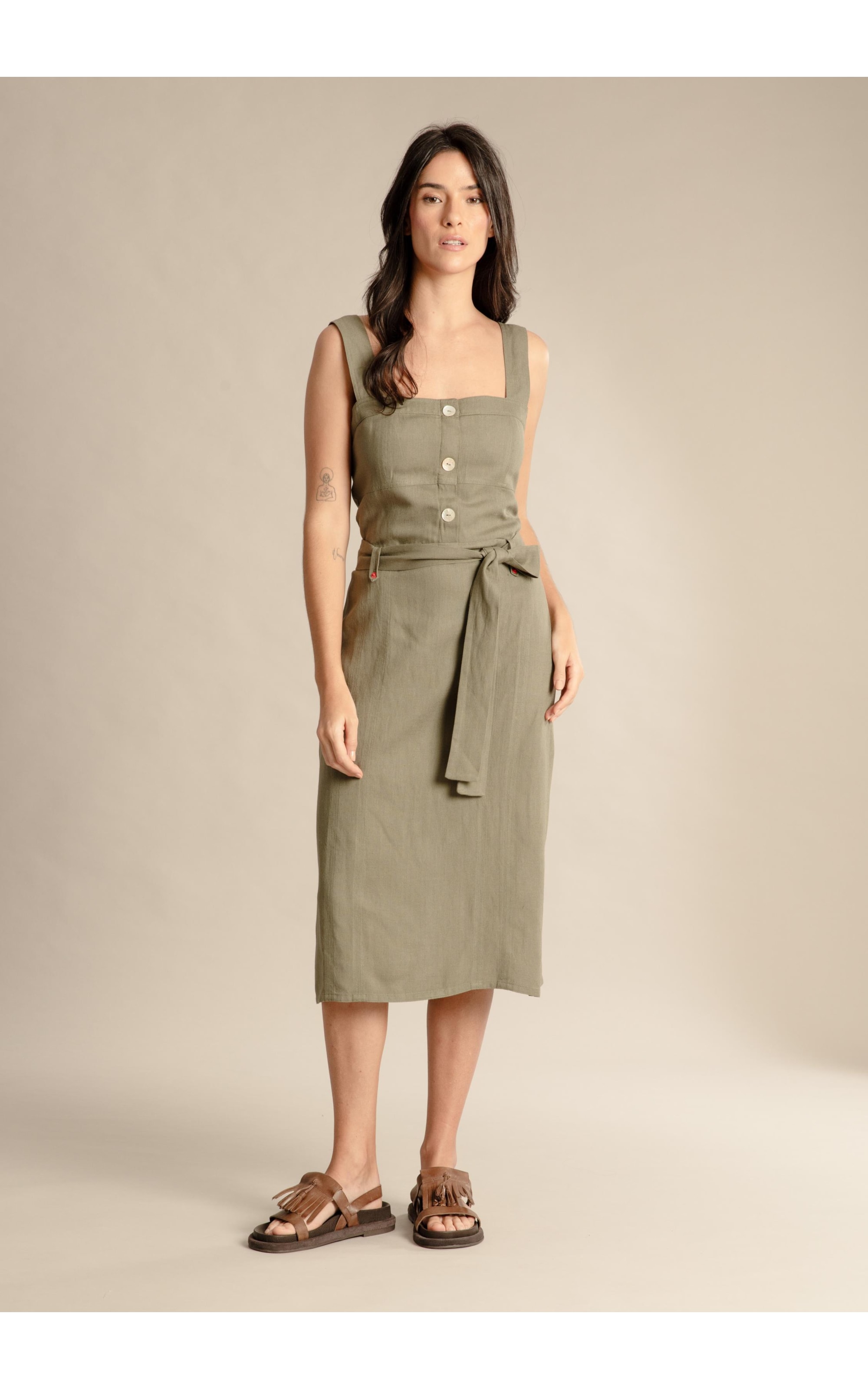 Vestido Linho  Mize  Liso Verde Militar
