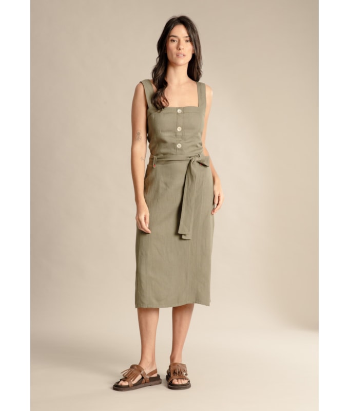 Vestido Linho  Mize  Liso Verde Militar