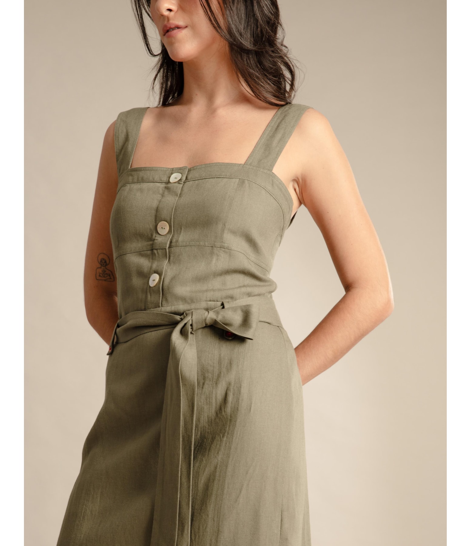 Vestido Linho  Mize  Liso Verde Militar