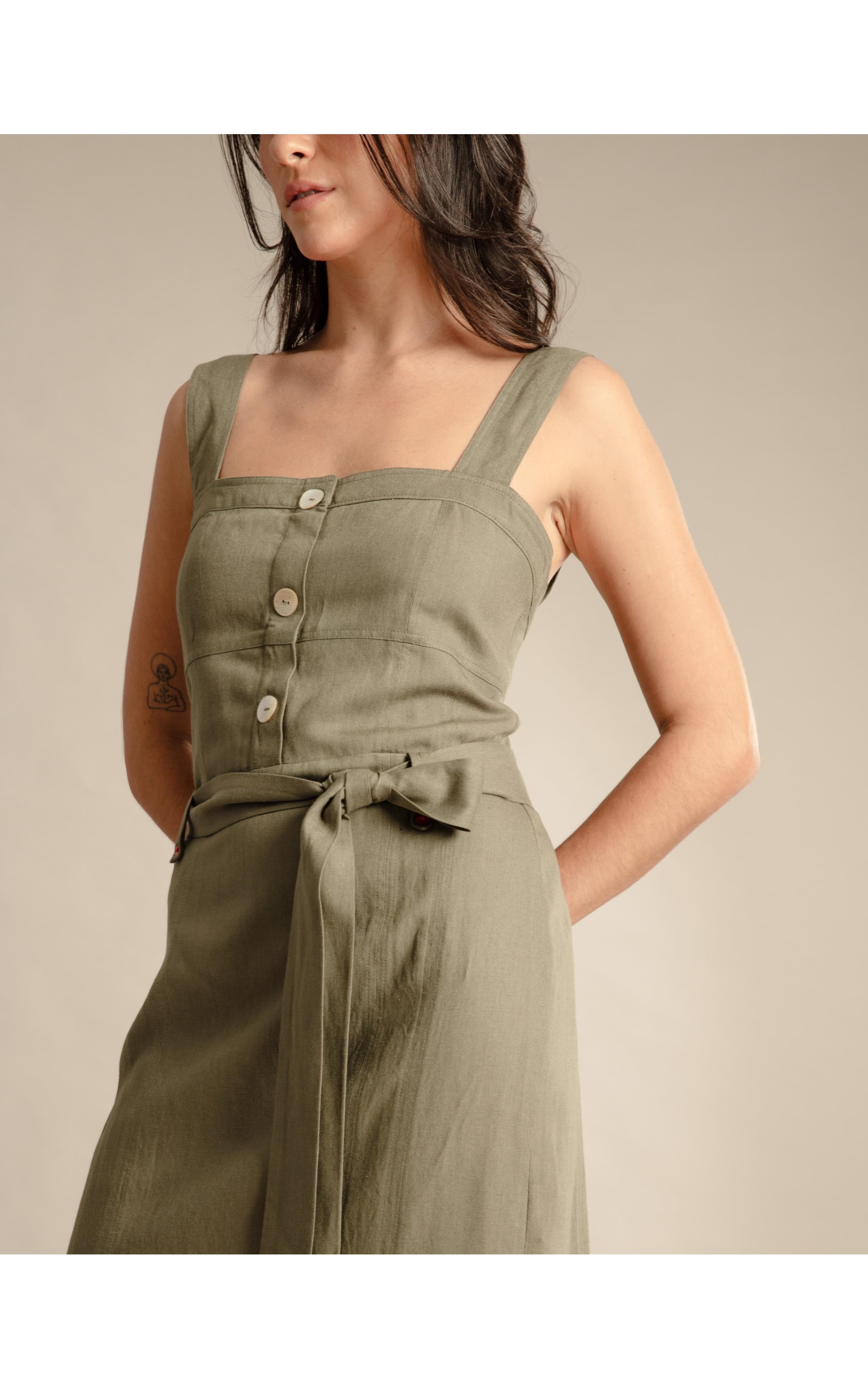 Vestido Linho  Mize  Liso Verde Militar