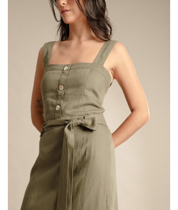 Vestido Linho  Mize  Liso Verde Militar