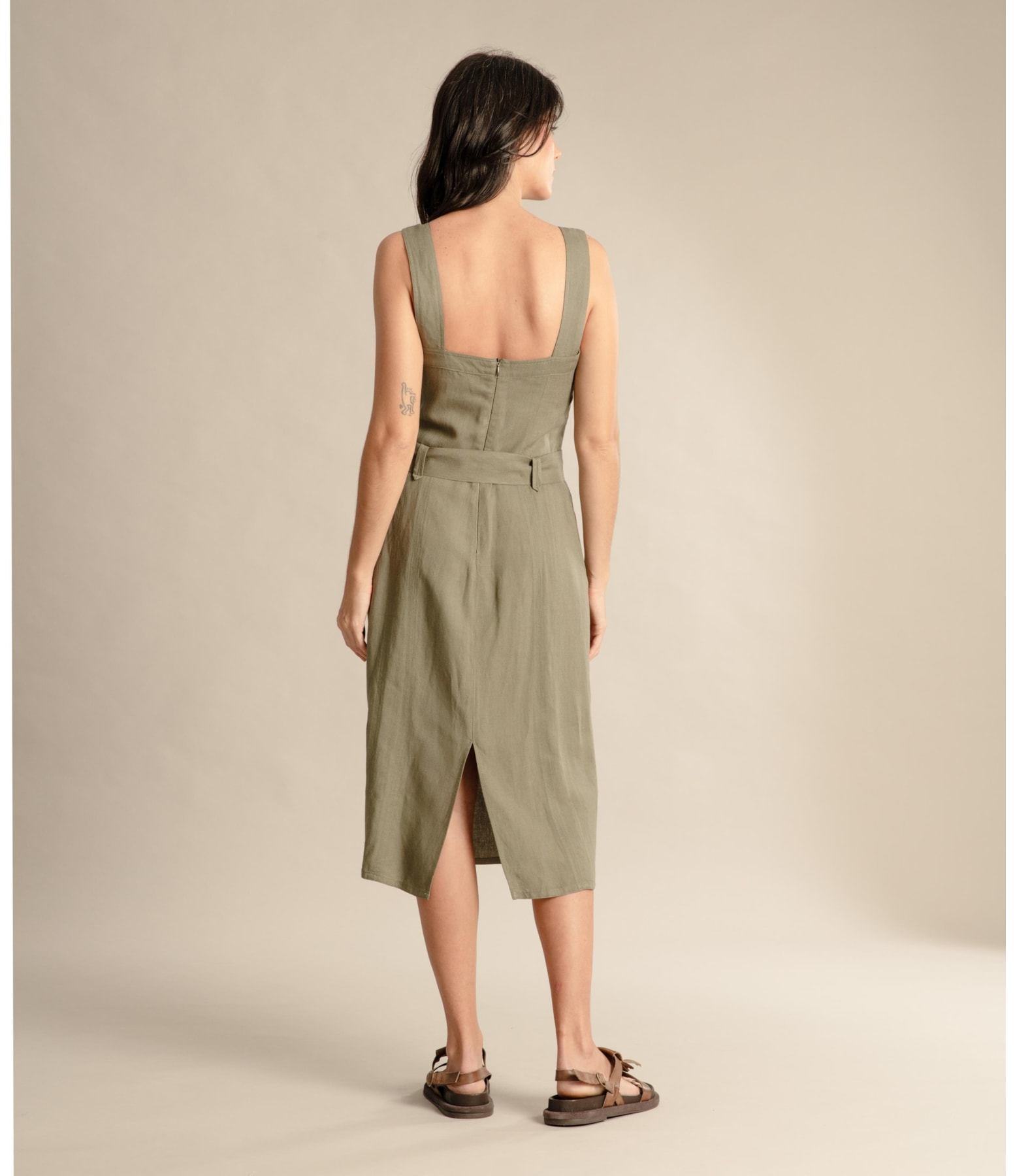 Vestido Linho  Mize  Liso Verde Militar