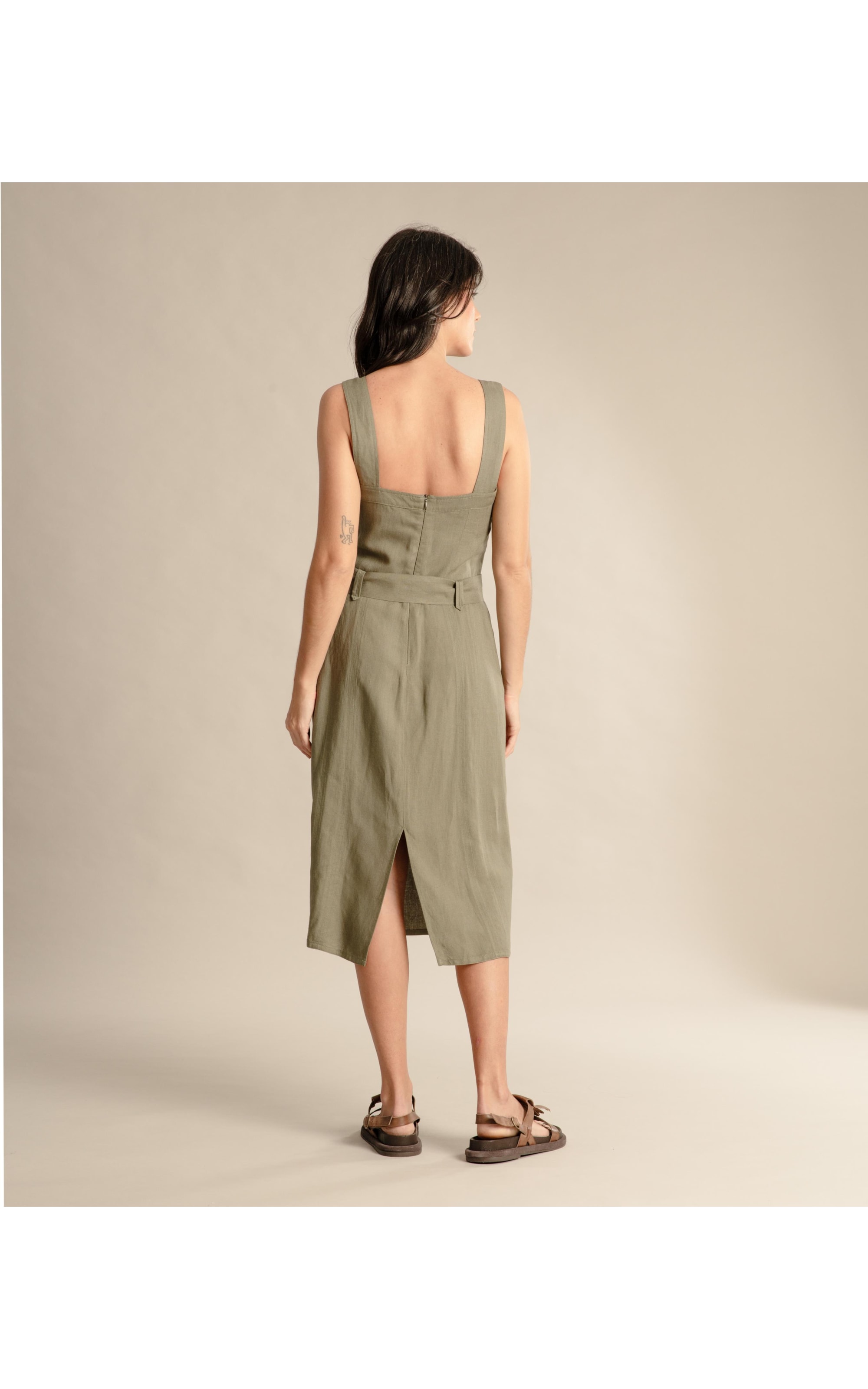 Vestido Linho  Mize  Liso Verde Militar
