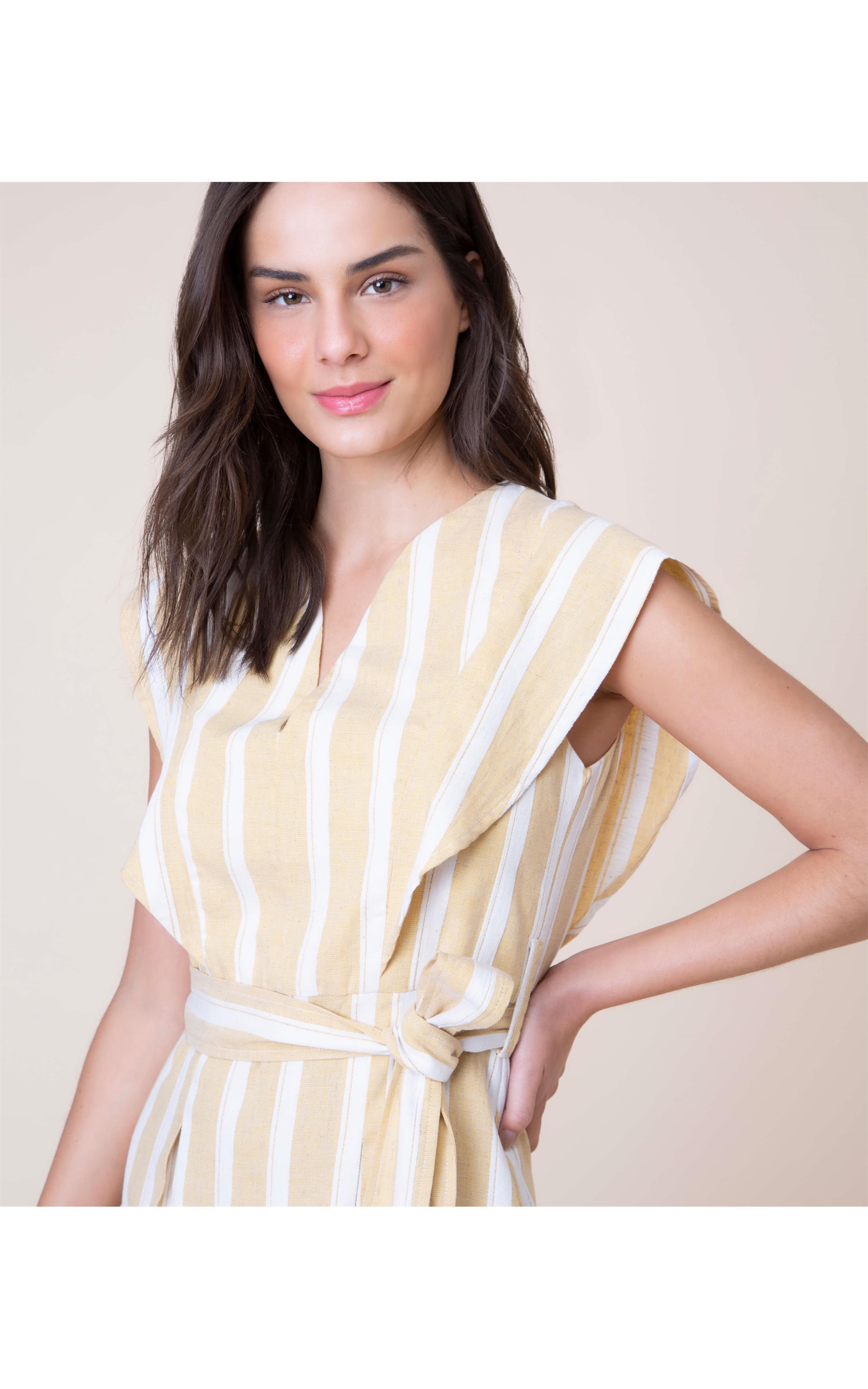 Vestido Linho  Namibia Listrado Amarelo