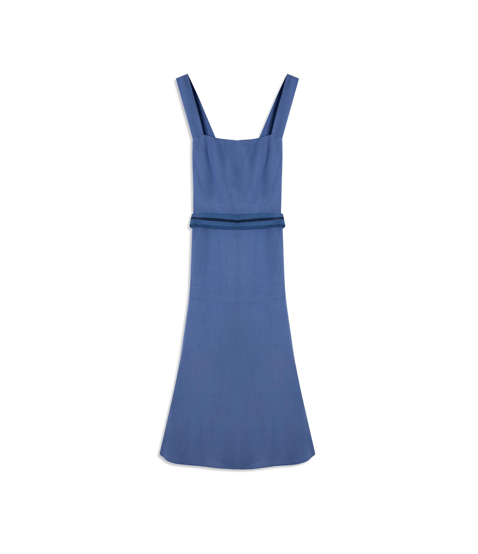 Vestido Linho  Ona  Liso Faixa Tricot Linho Azul Pervante