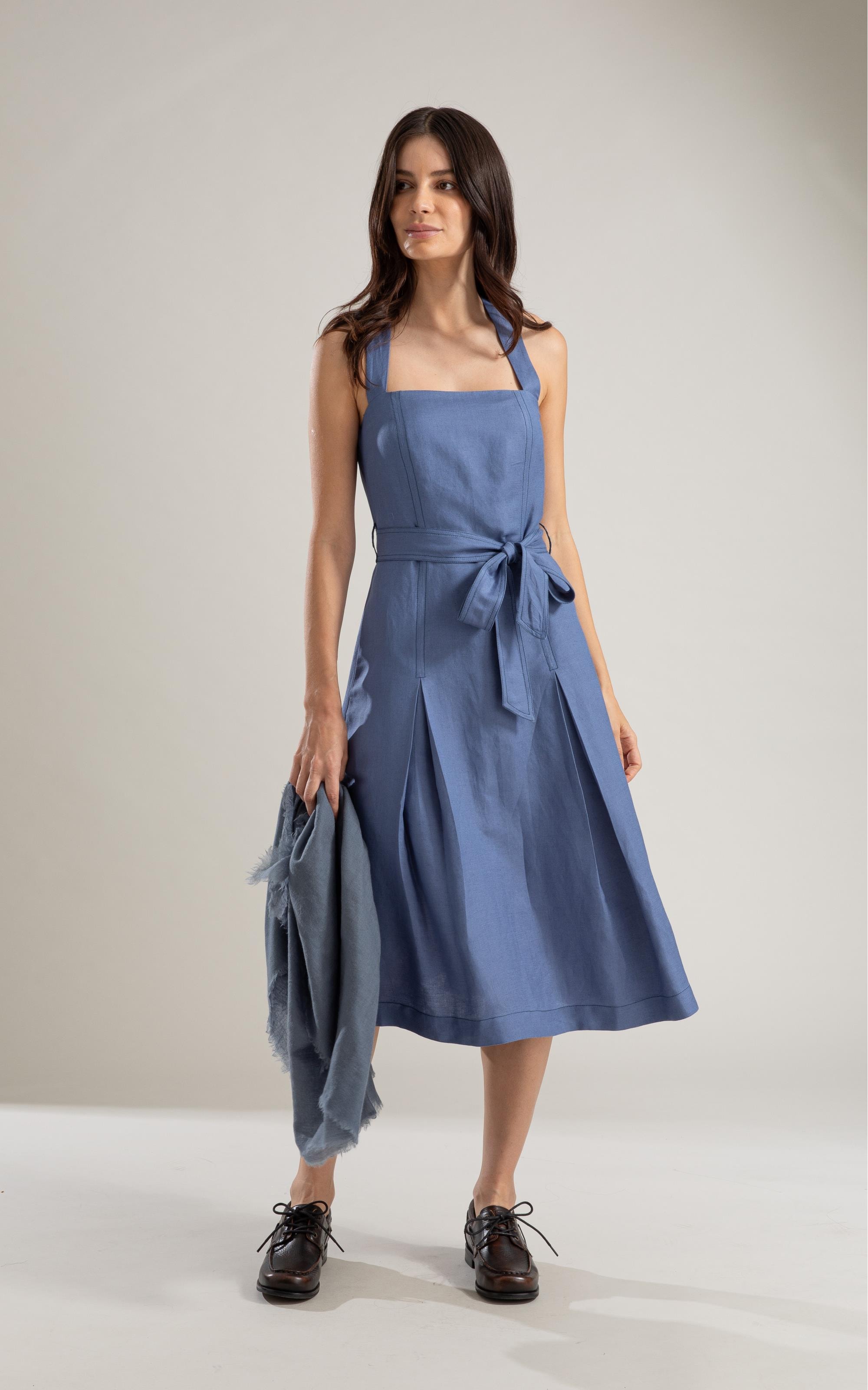 Vestido Linho  Talina  Liso  Azul Pervante