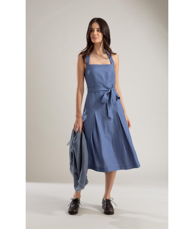 Vestido Linho  Talina  Liso  Azul Pervante