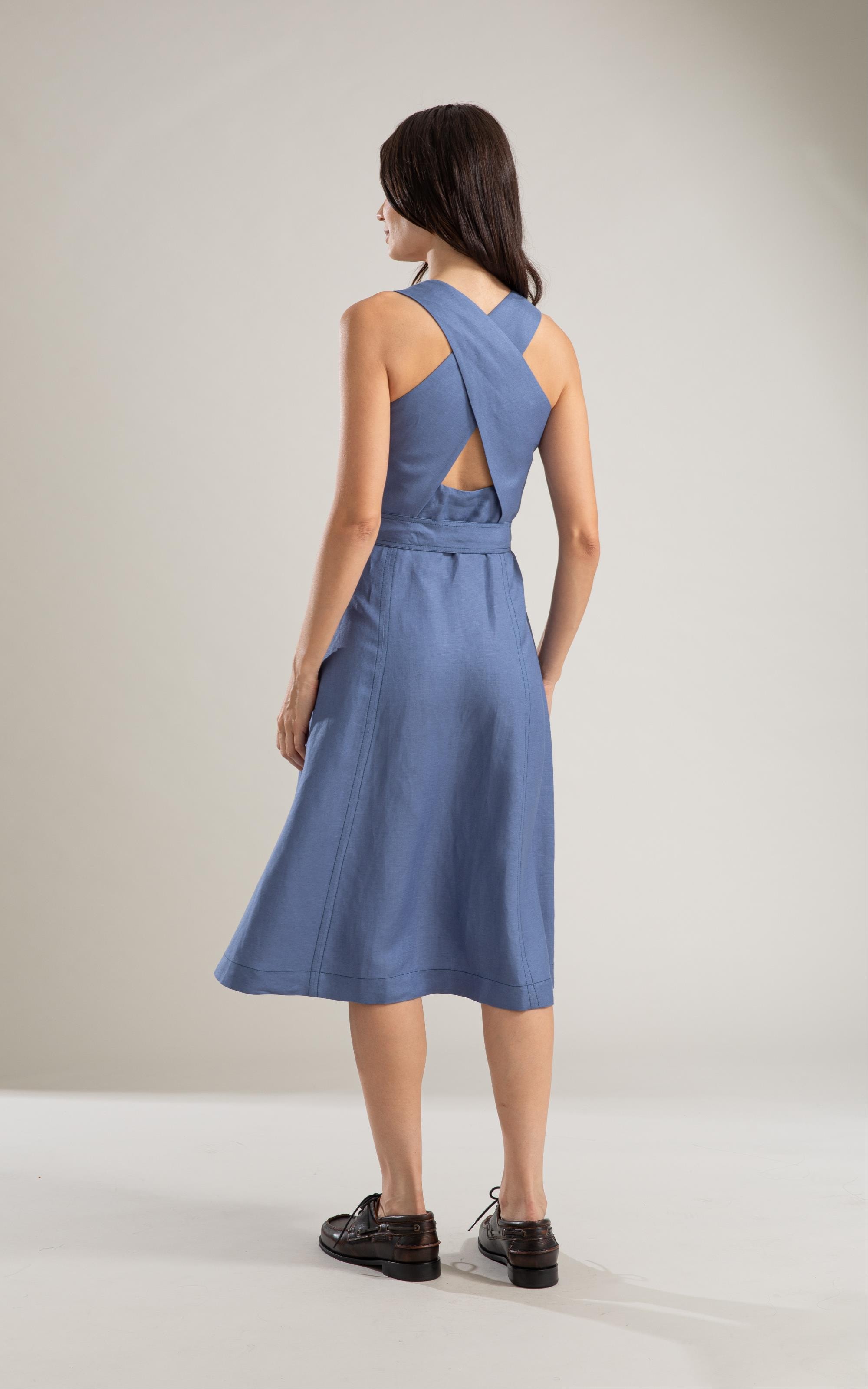 Vestido Linho  Talina  Liso  Azul Pervante