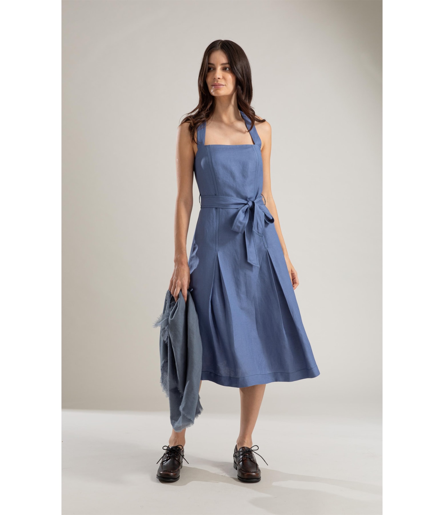 Vestido Linho  Talina  Liso  Azul Pervante