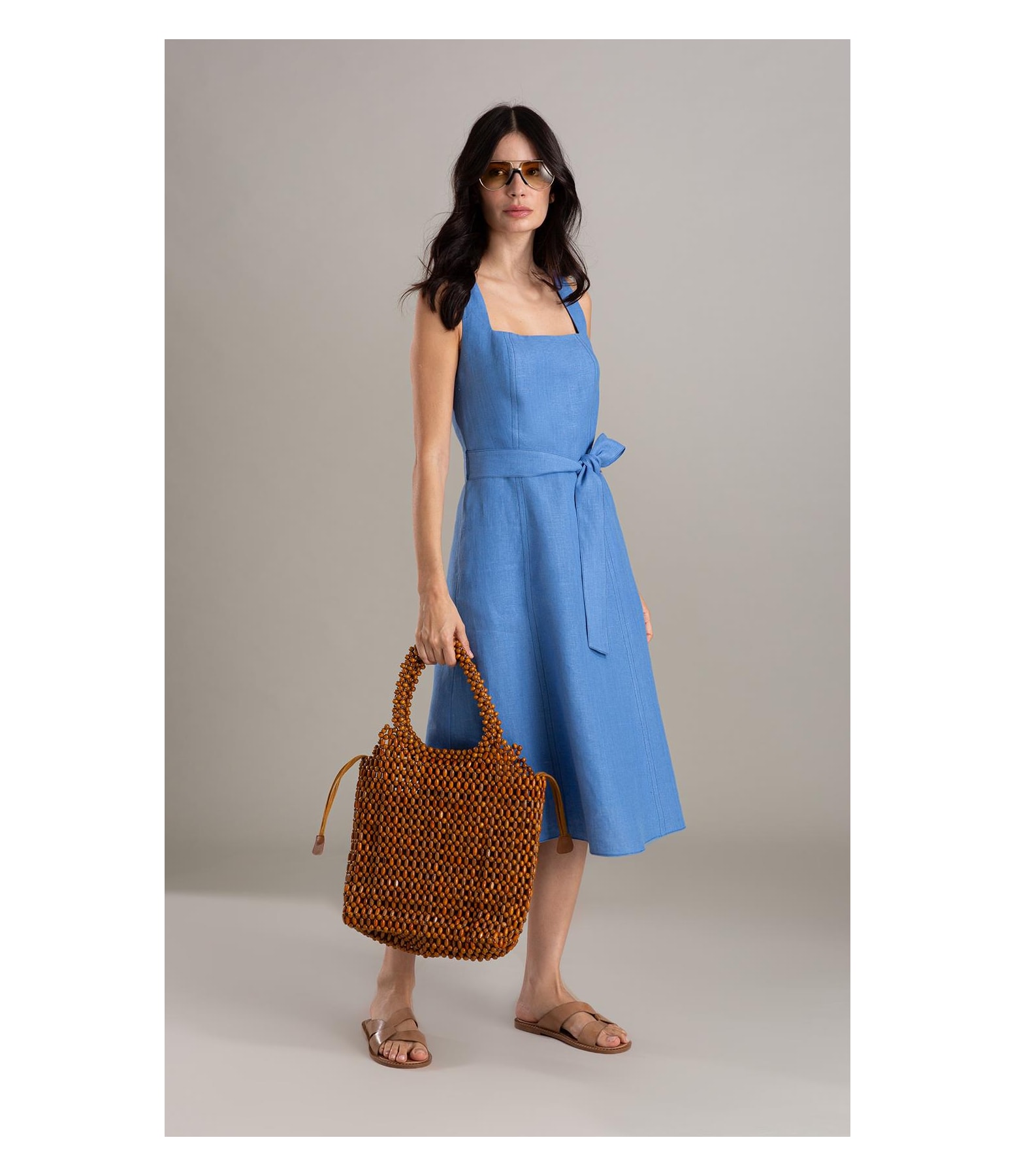 Vestido Luau Linho Liso Azul Seco