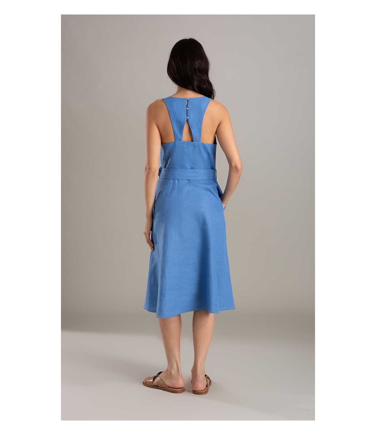 Vestido Luau Linho Liso Azul Seco