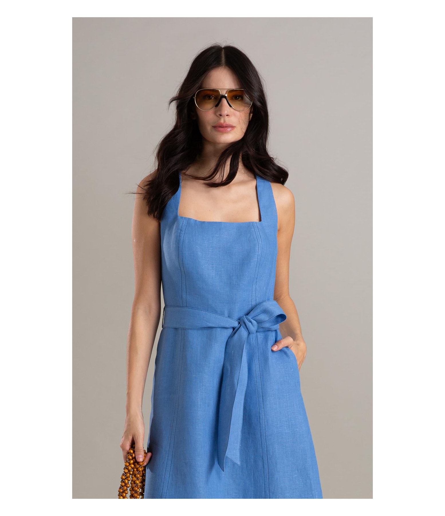 Vestido Luau Linho Liso Azul Seco