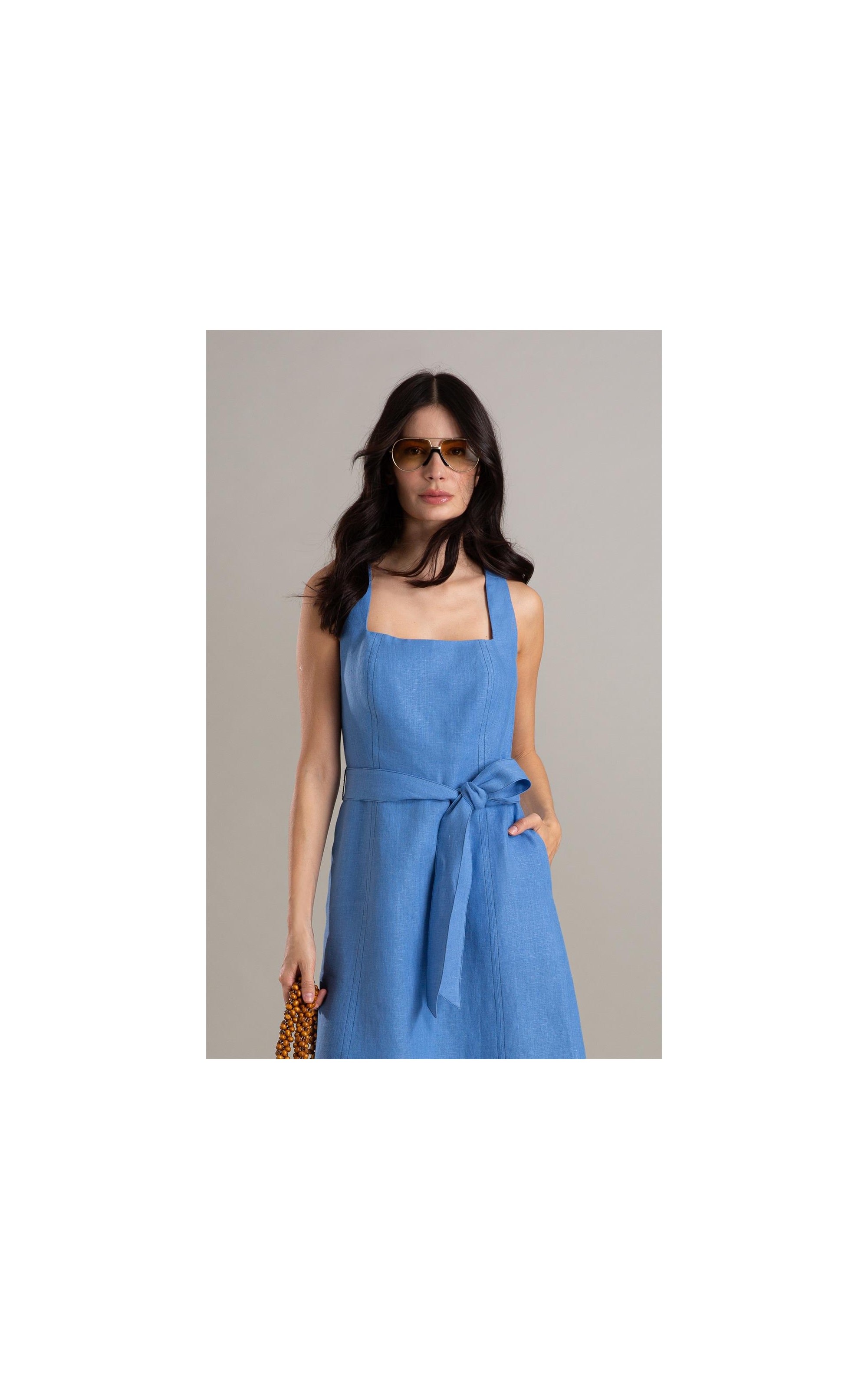 Vestido Luau Linho Liso Azul Seco