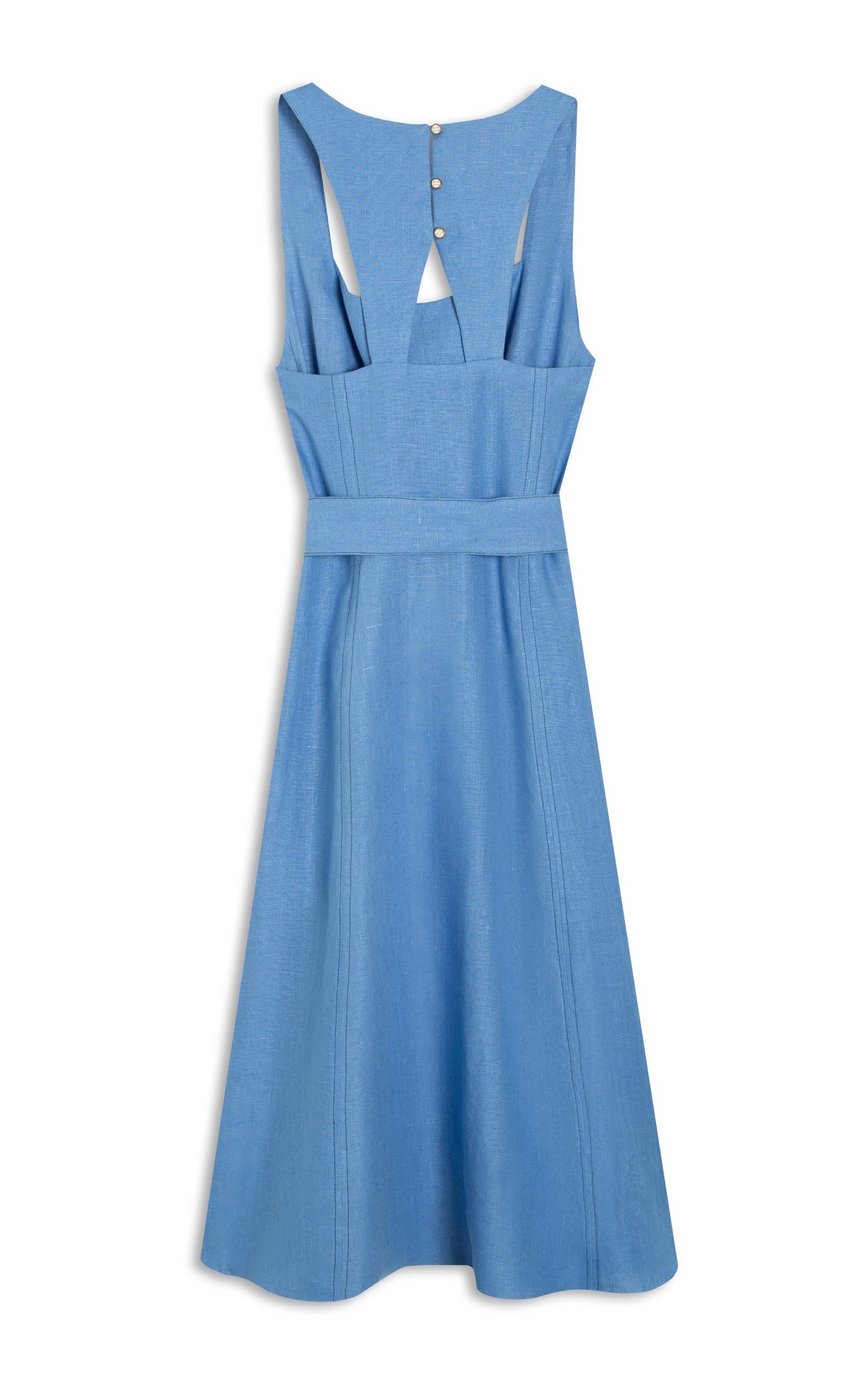 Vestido Luau Puro Linho Liso Azul Seco