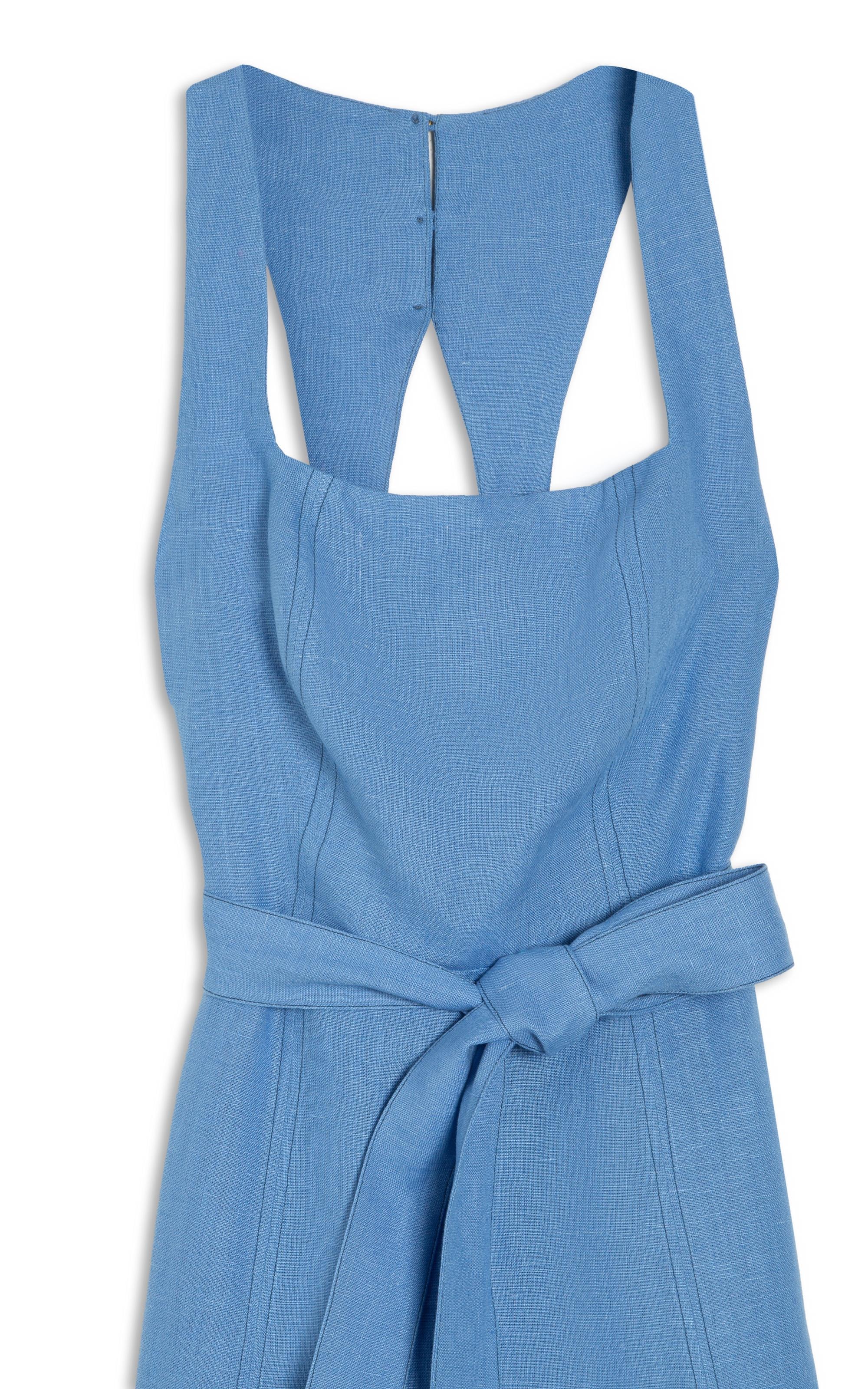 Vestido Luau Puro Linho Liso Azul Seco