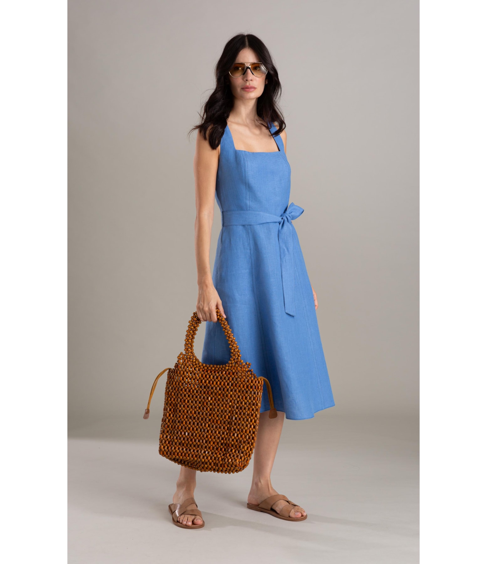 Vestido Luau Puro Linho Liso Azul Seco