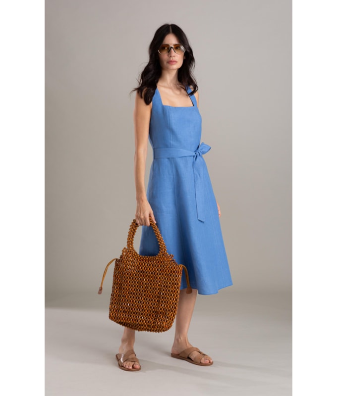 Vestido Luau Puro Linho Liso Azul Seco