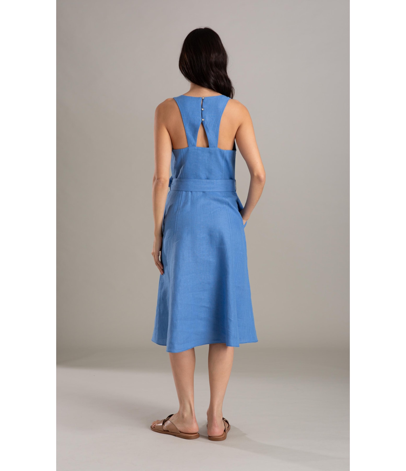 Vestido Luau Puro Linho Liso Azul Seco