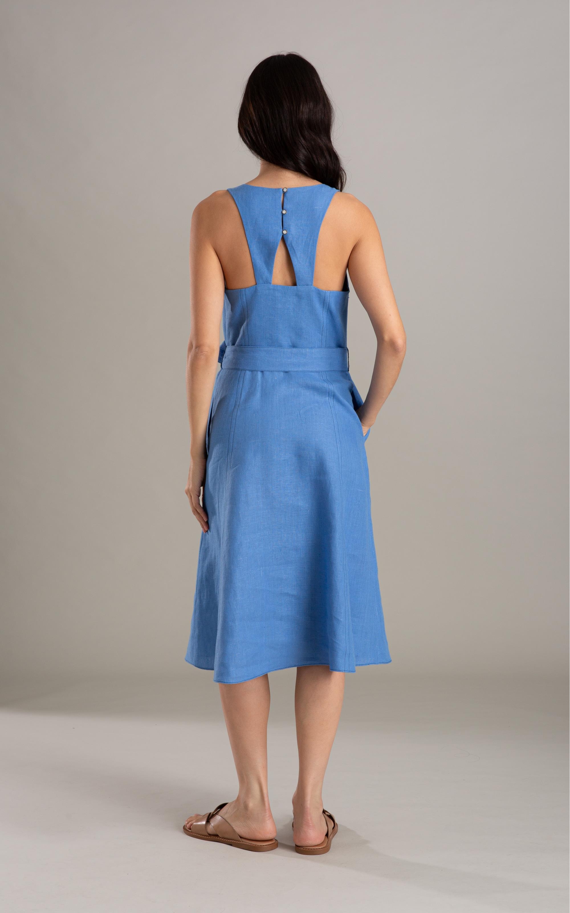 Vestido Luau Puro Linho Liso Azul Seco