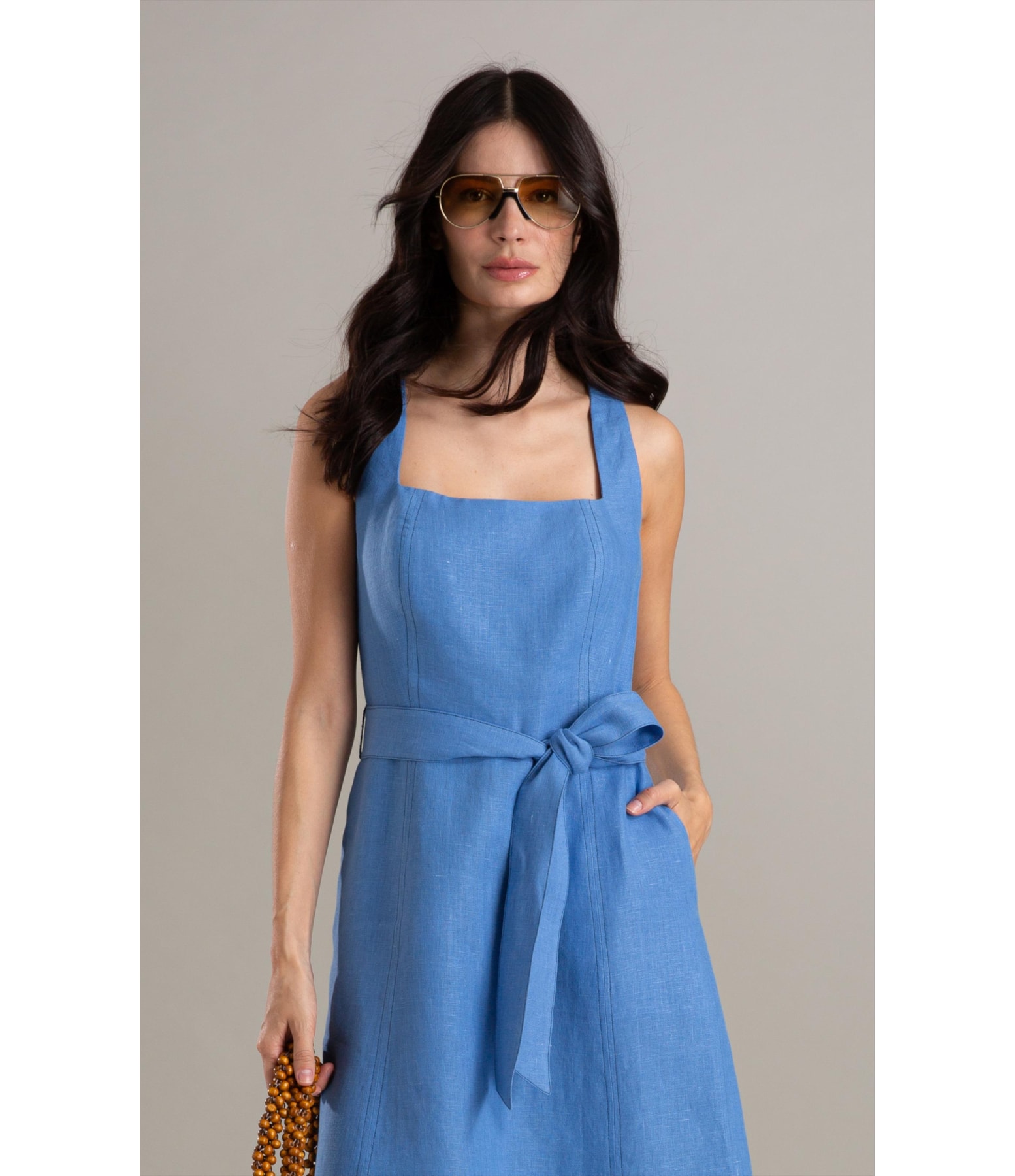 Vestido Luau Puro Linho Liso Azul Seco