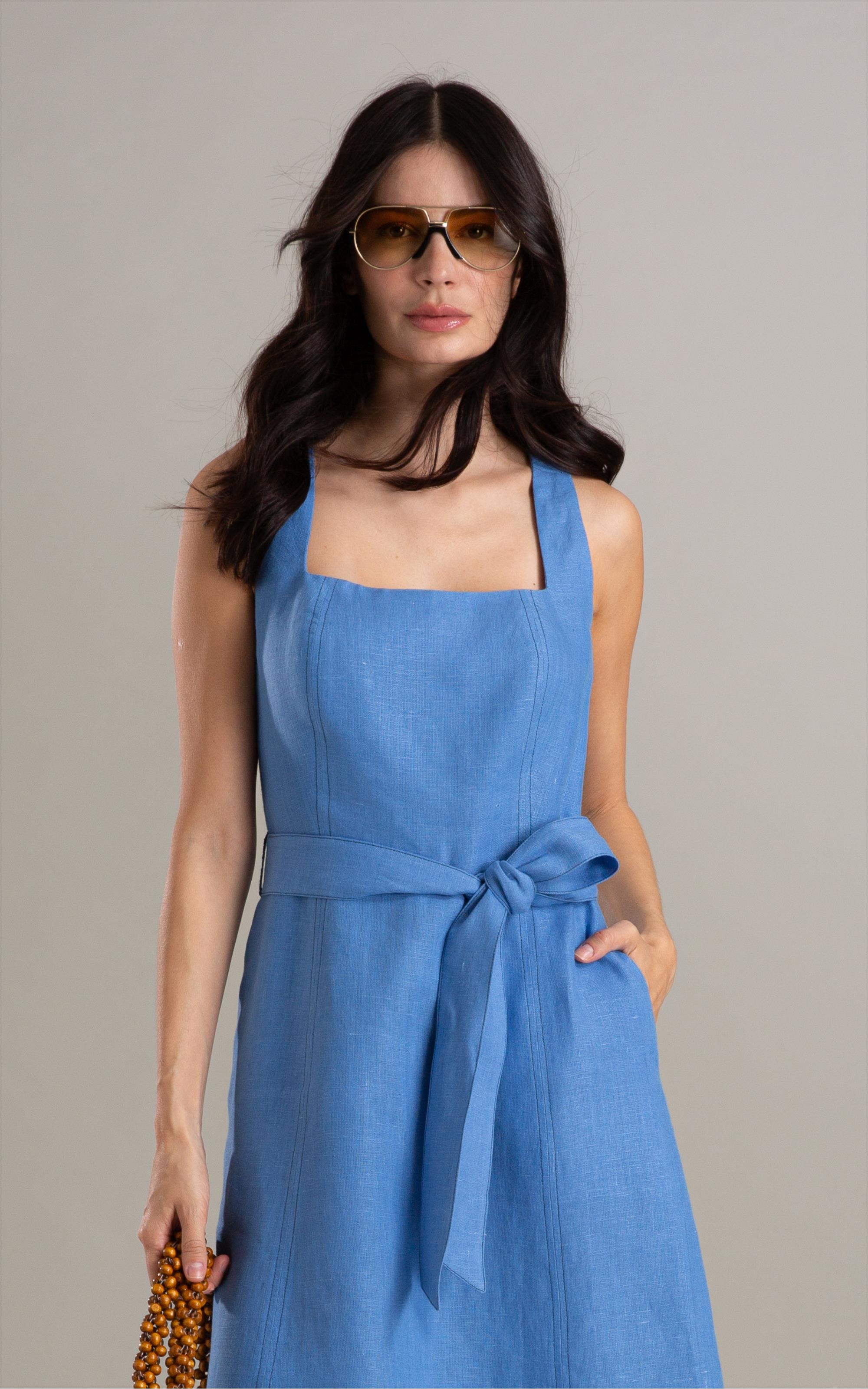 Vestido Luau Puro Linho Liso Azul Seco