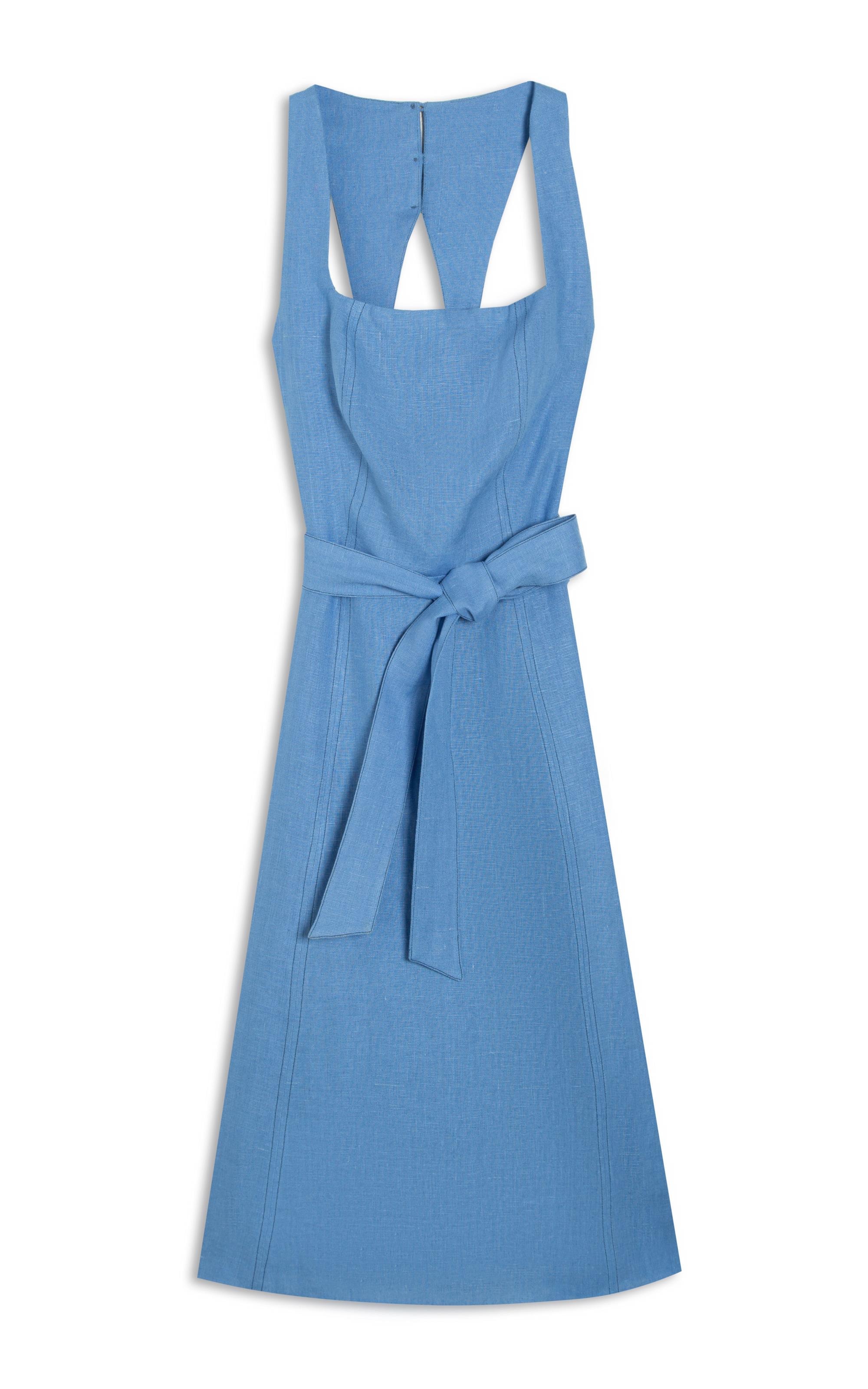 Vestido Luau Puro Linho Liso Azul Seco