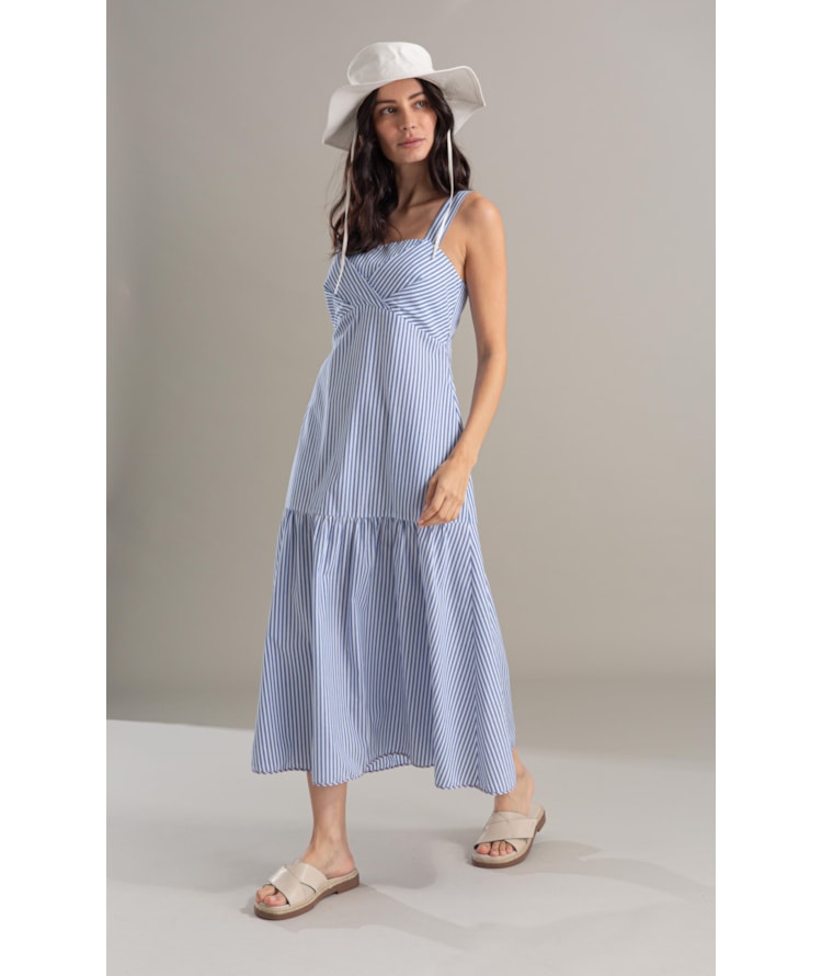 Vestido Marina Algodao Listrado Azul Bic