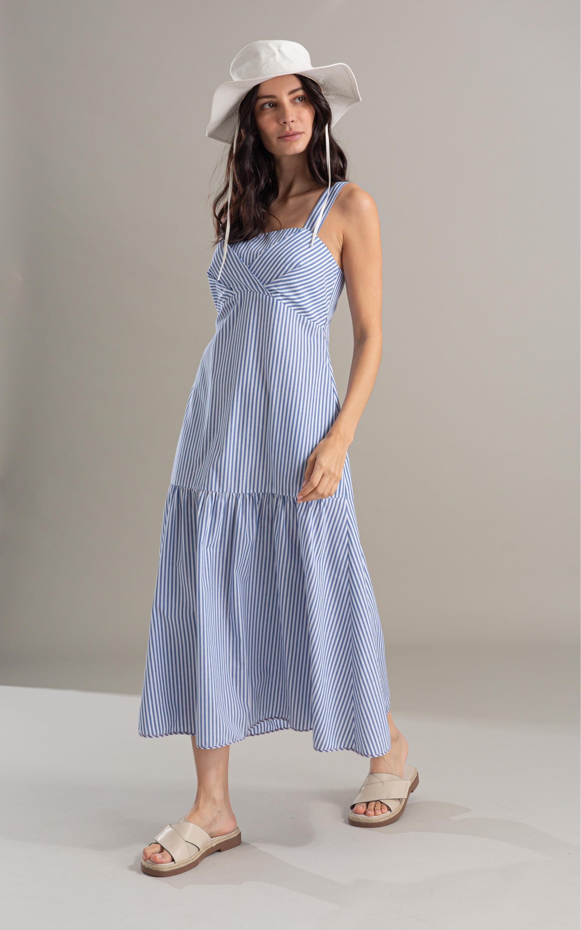 Vestido Marina Algodao Listrado Azul Bic