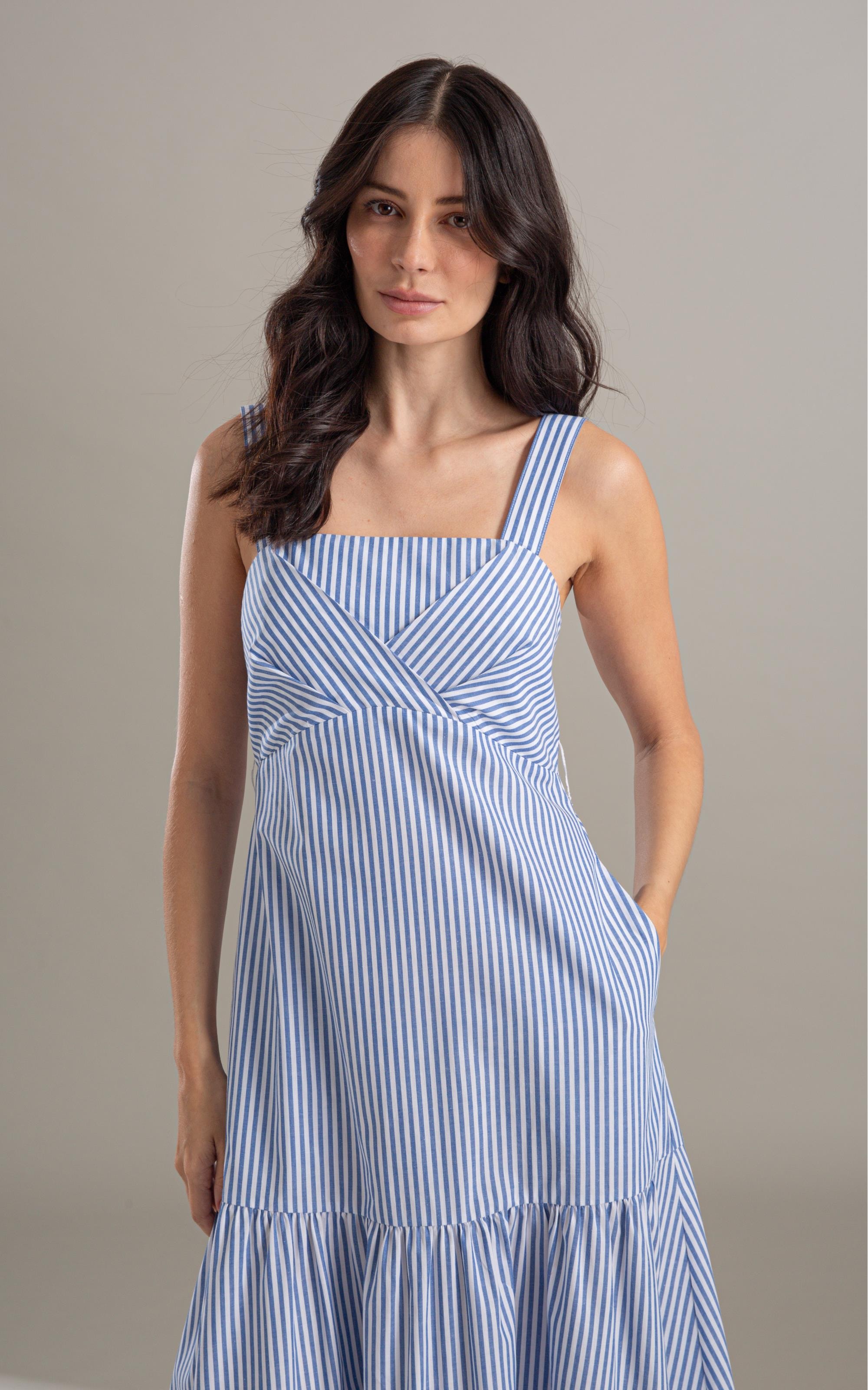 Vestido Marina Algodao Listrado Azul Bic