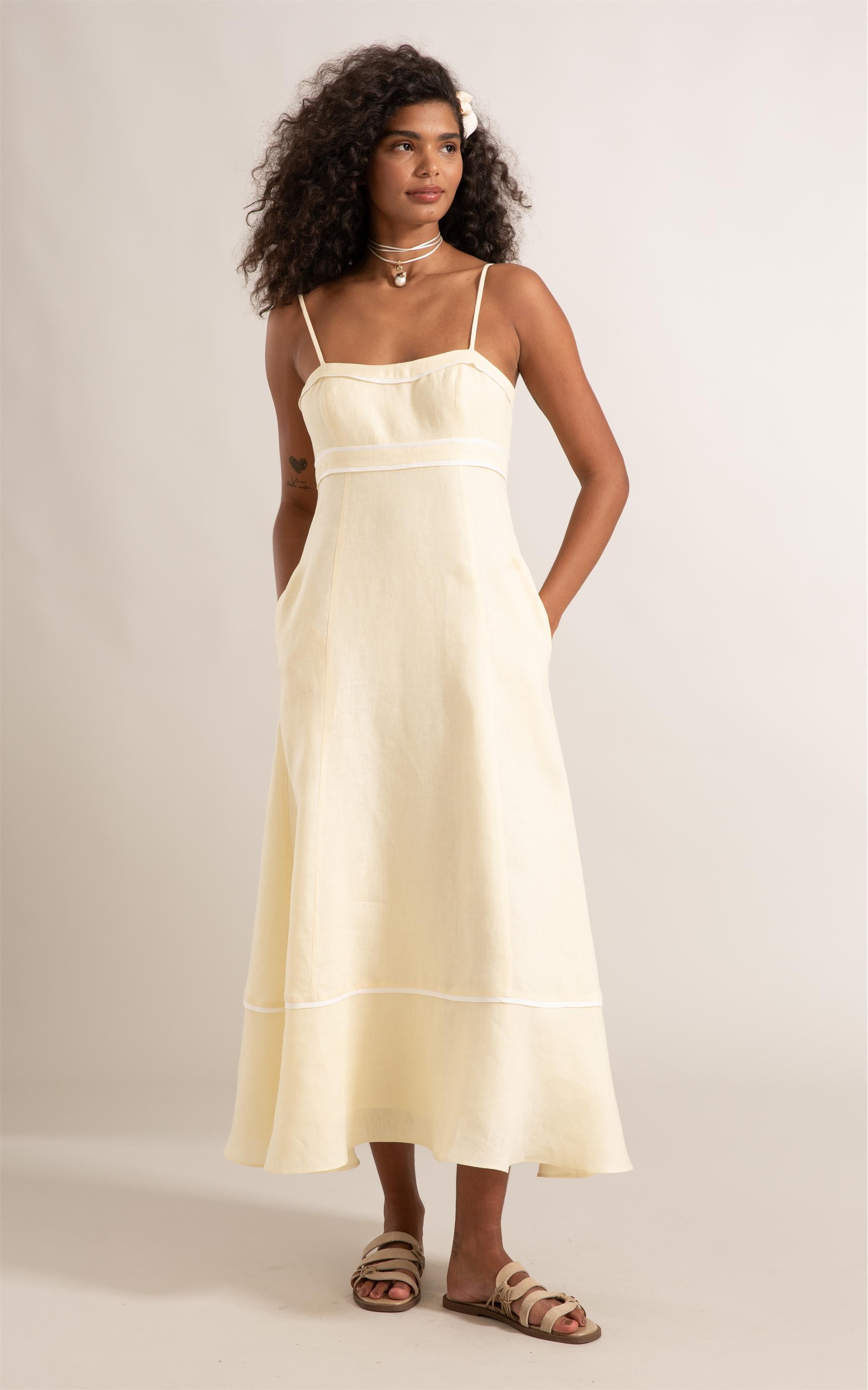 Vestido Puro Linho Amarelo Claro