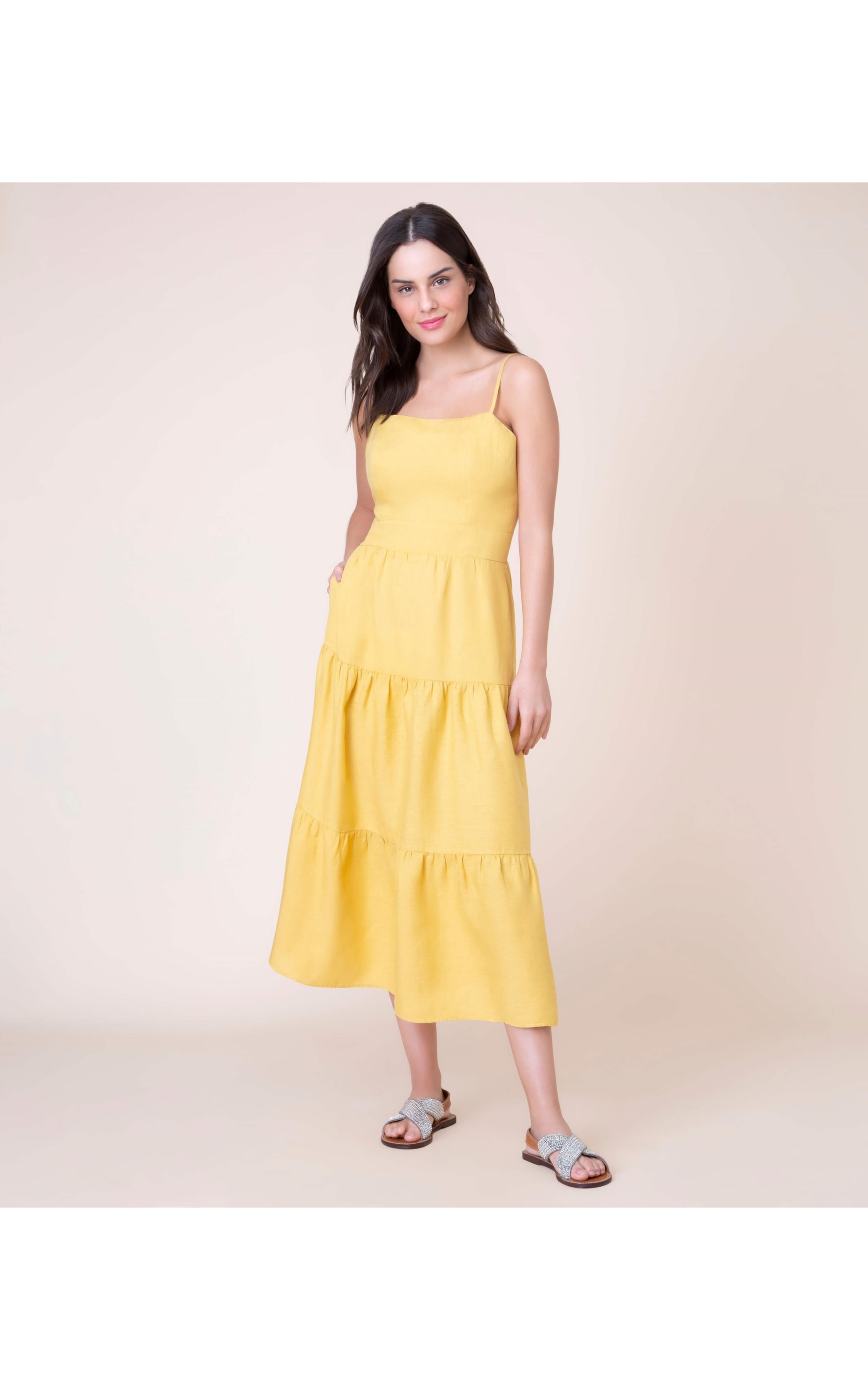Vestido Puro Linho  Florida Amarelo