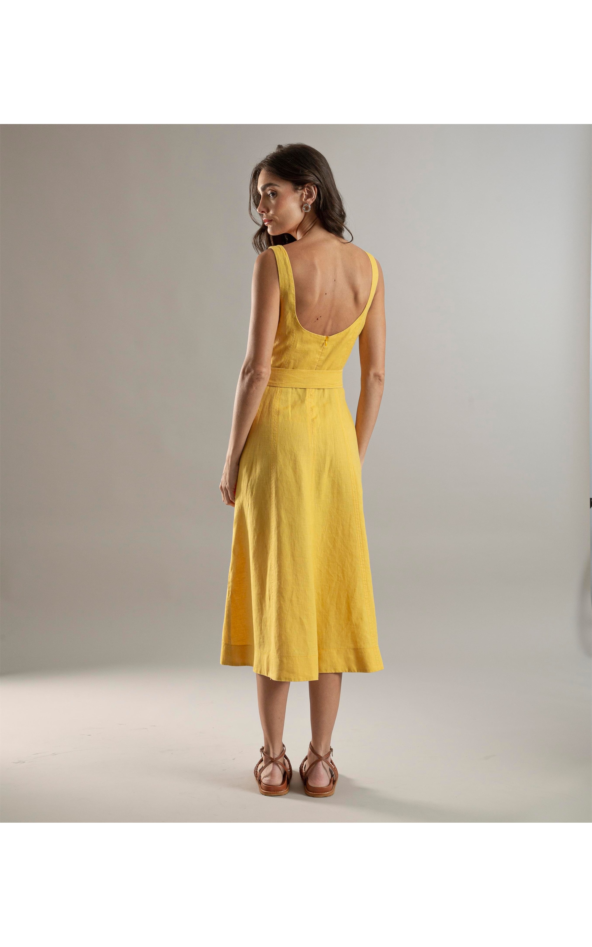 Vestido  Puro Linho Gemma  Liso Mostarda