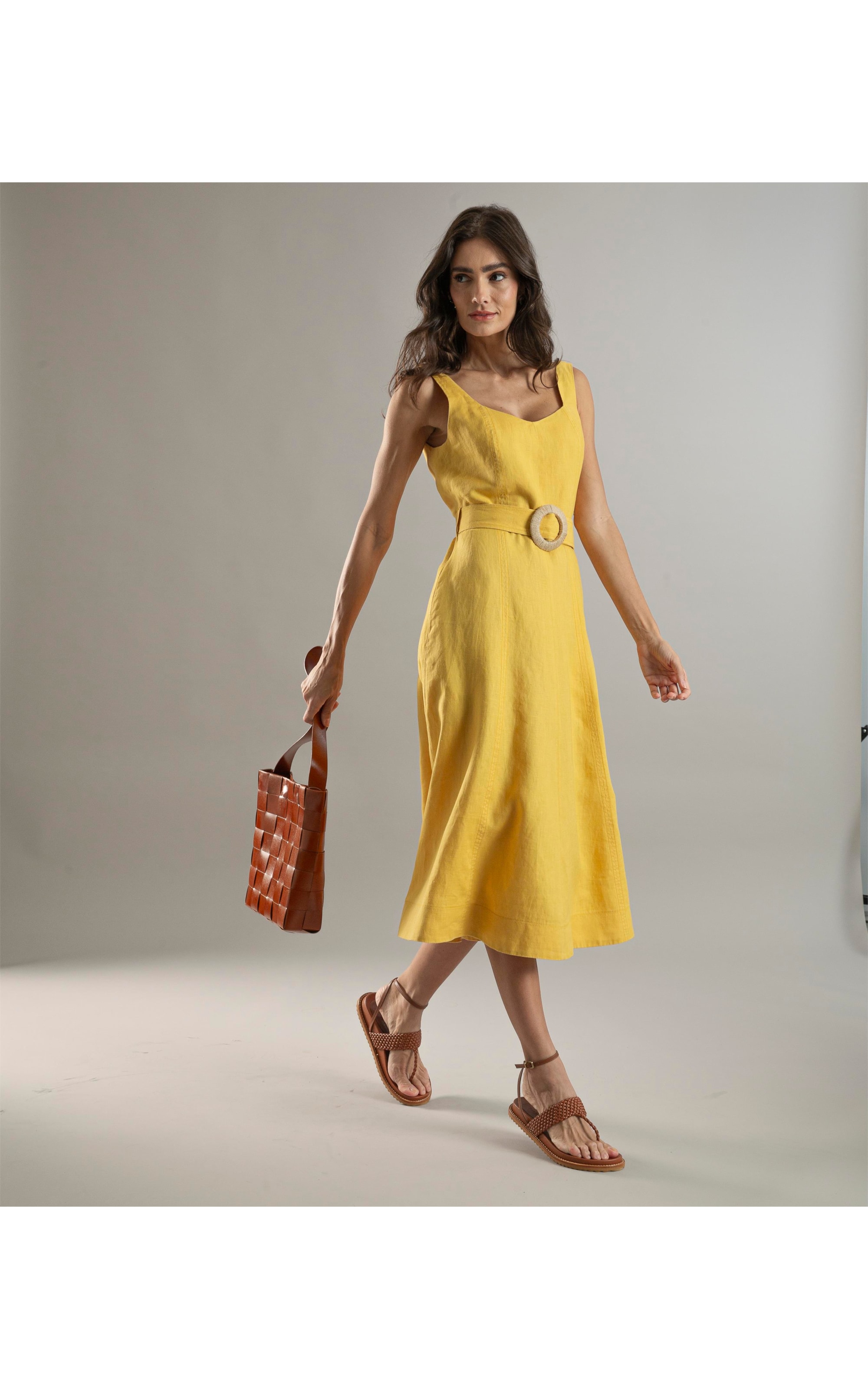 Vestido  Puro Linho Gemma  Liso Mostarda